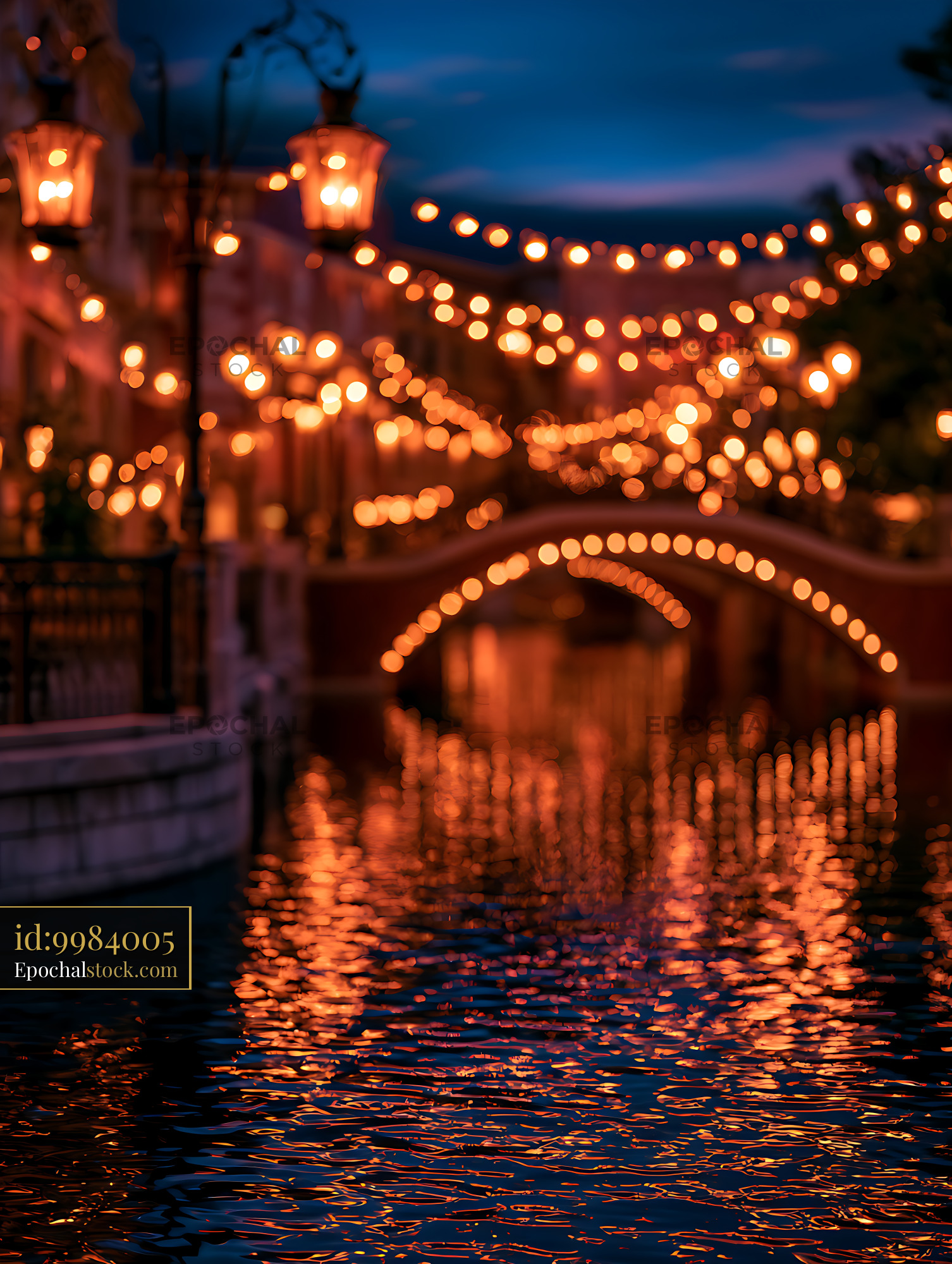 Watermarked full-resolution preview of Warm bokeh lights over reflective waterfront water