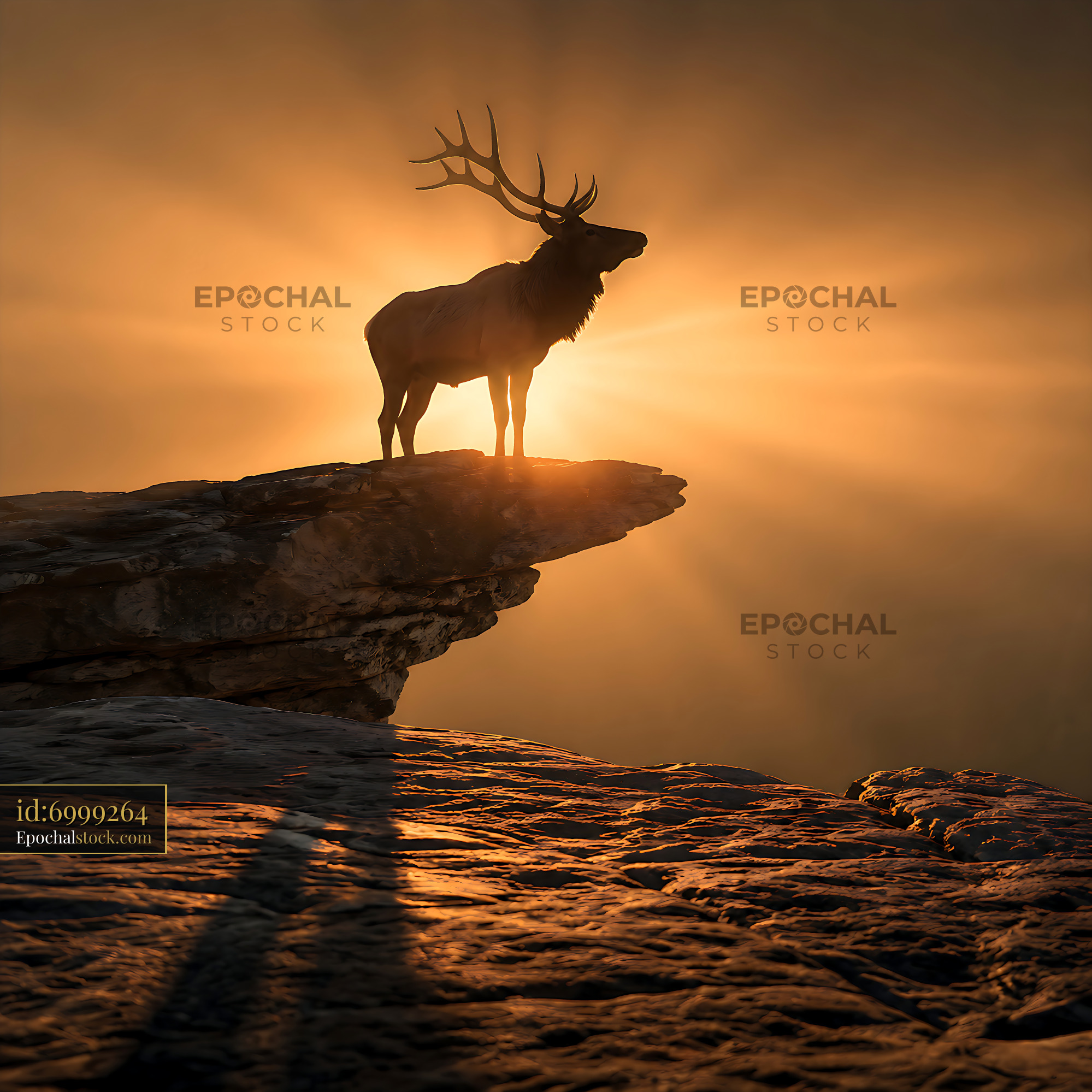 Watermarked full-resolution preview of Elk standing on cliff against sunset background