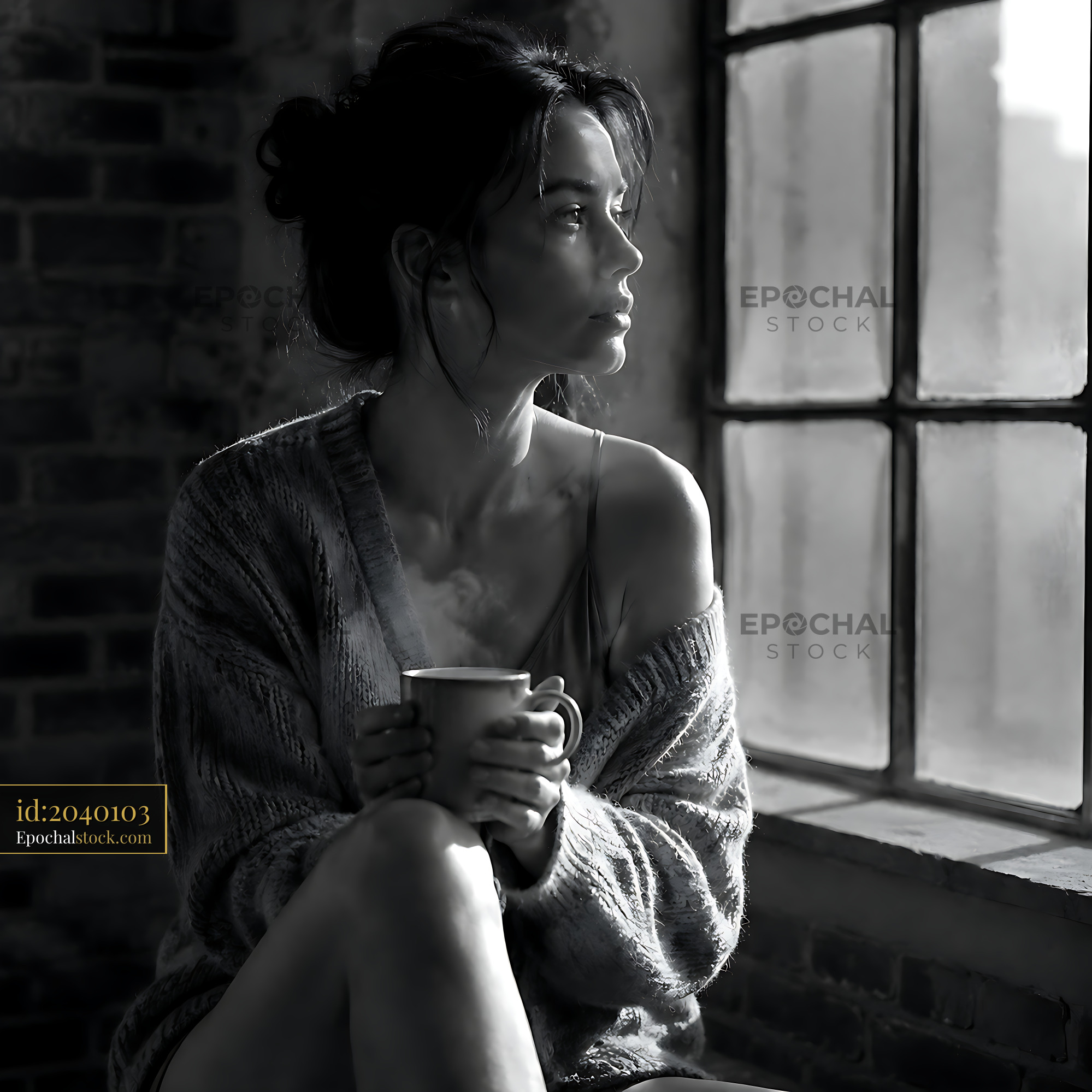 Watermarked full-resolution preview of Woman sitting by a window holding a mug in a cozy setting