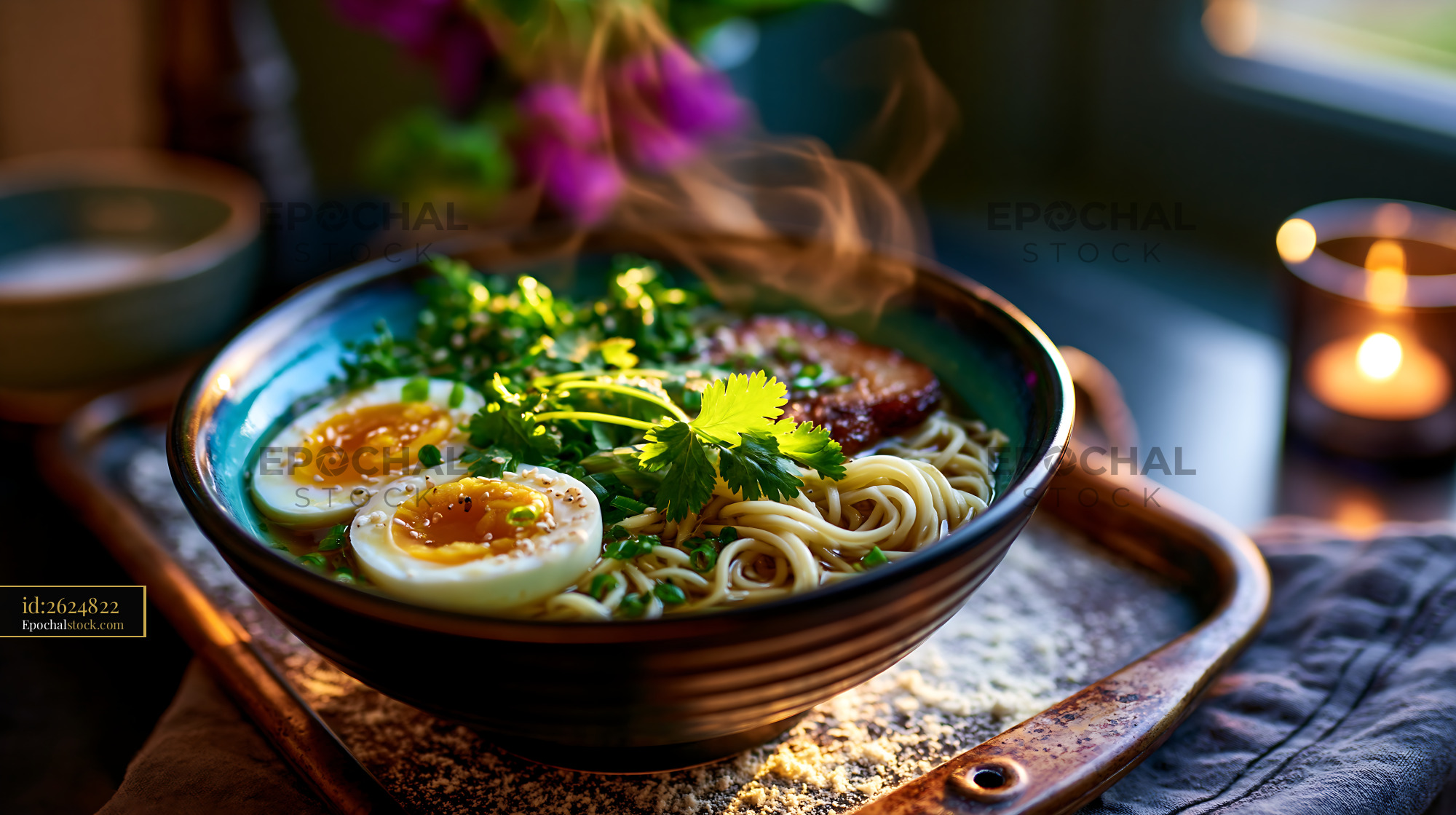 Watermarked full-resolution preview of Steaming ramen bowl with egg and fresh herbs