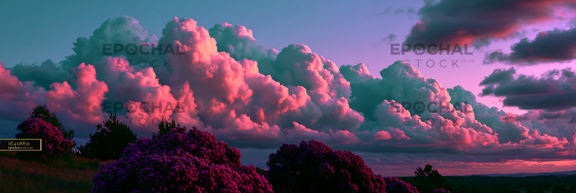 Watermarked full-resolution preview of Colorful clouds at sunset over a hillside with flowers