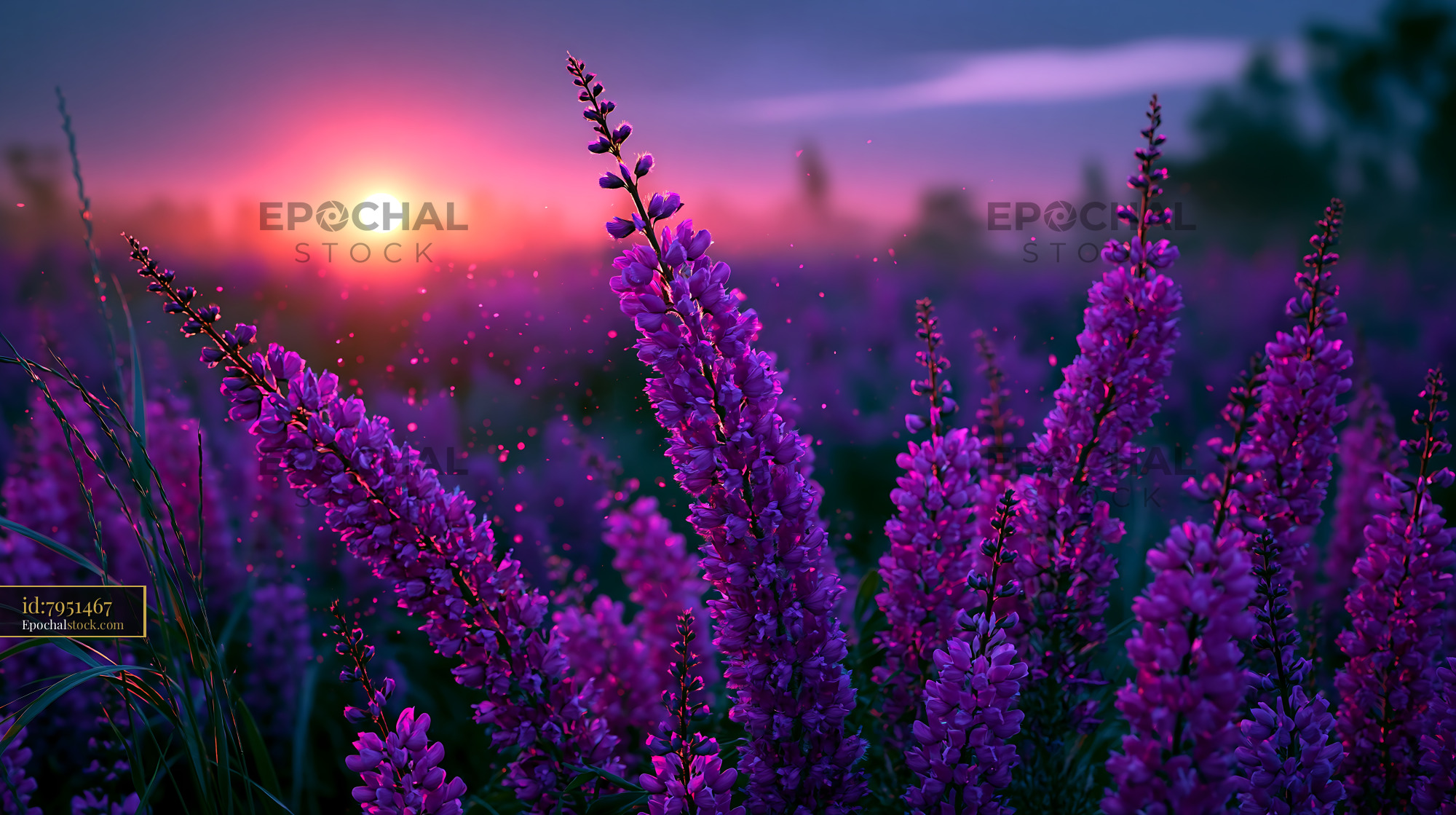 Purple Flowers Blooming With Sunset in the Background - stock photo