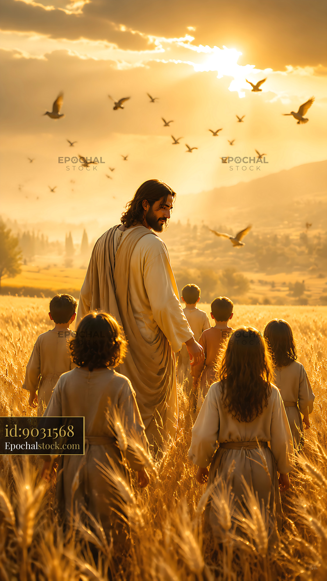 Watermarked full-resolution preview of Jesus walks in a wheat field with children at sunset