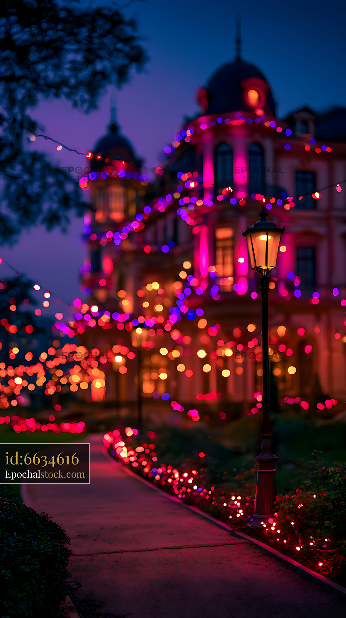 Watermarked full-resolution preview of Colorful lights and street lamp outside a historic building