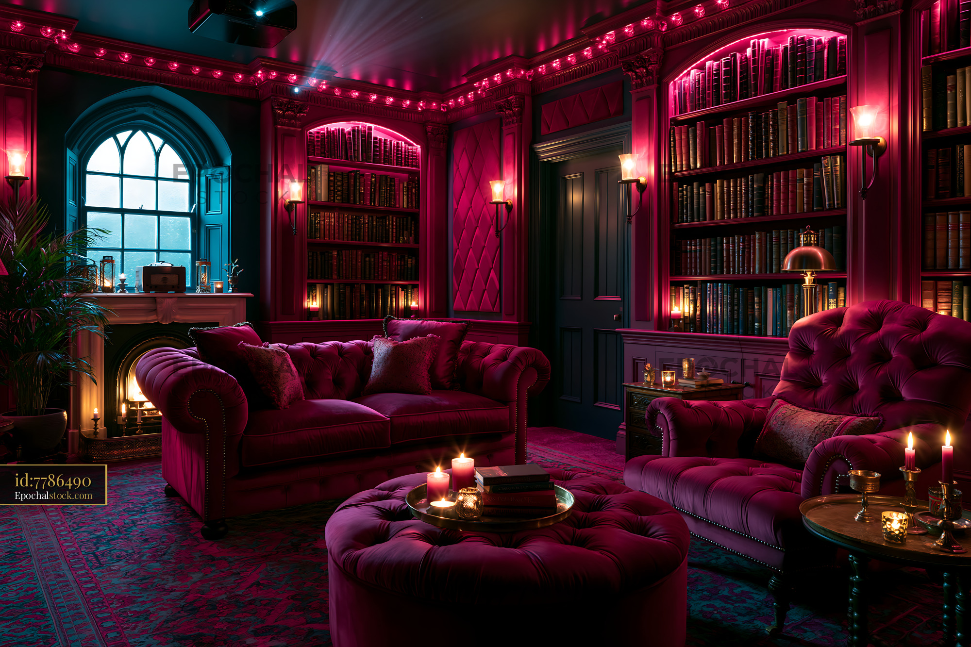 Watermarked full-resolution preview of Cozy interior space with red decor and bookshelves