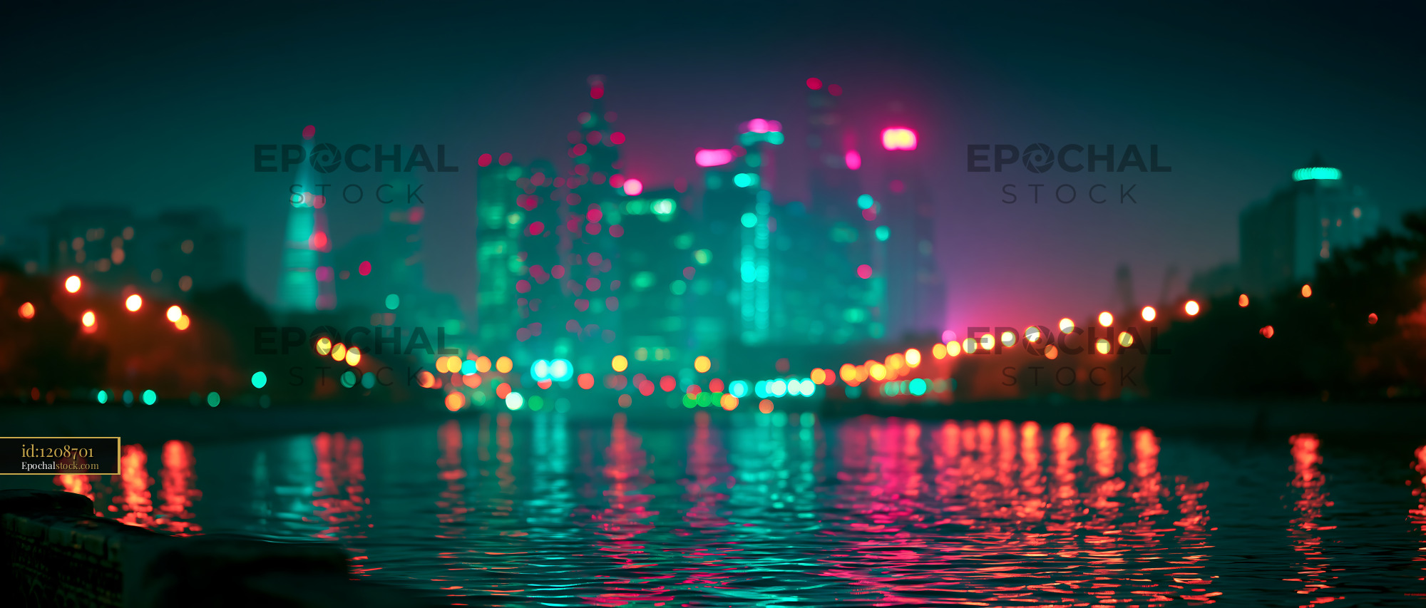 Watermarked full-resolution preview of City skyline at night with colorful lights and reflections