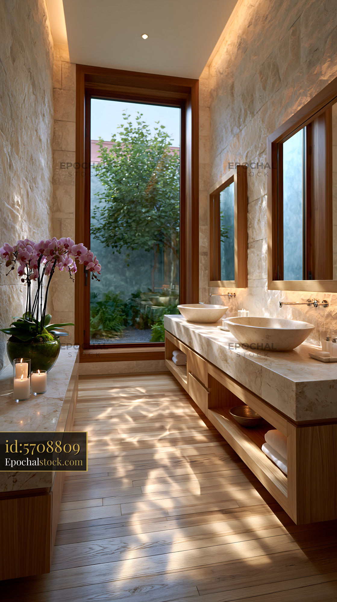 Watermarked full-resolution preview of Modern bathroom with natural light and greenery view