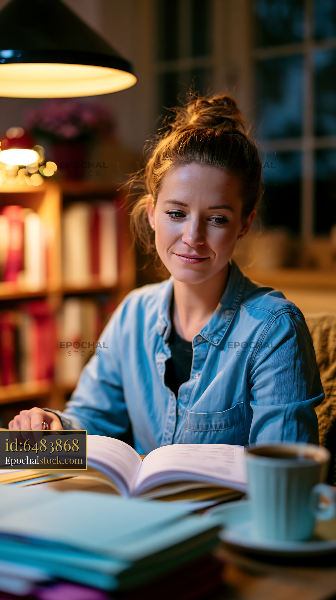 Watermarked full-resolution preview of Woman reading a book in a cozy indoor setting