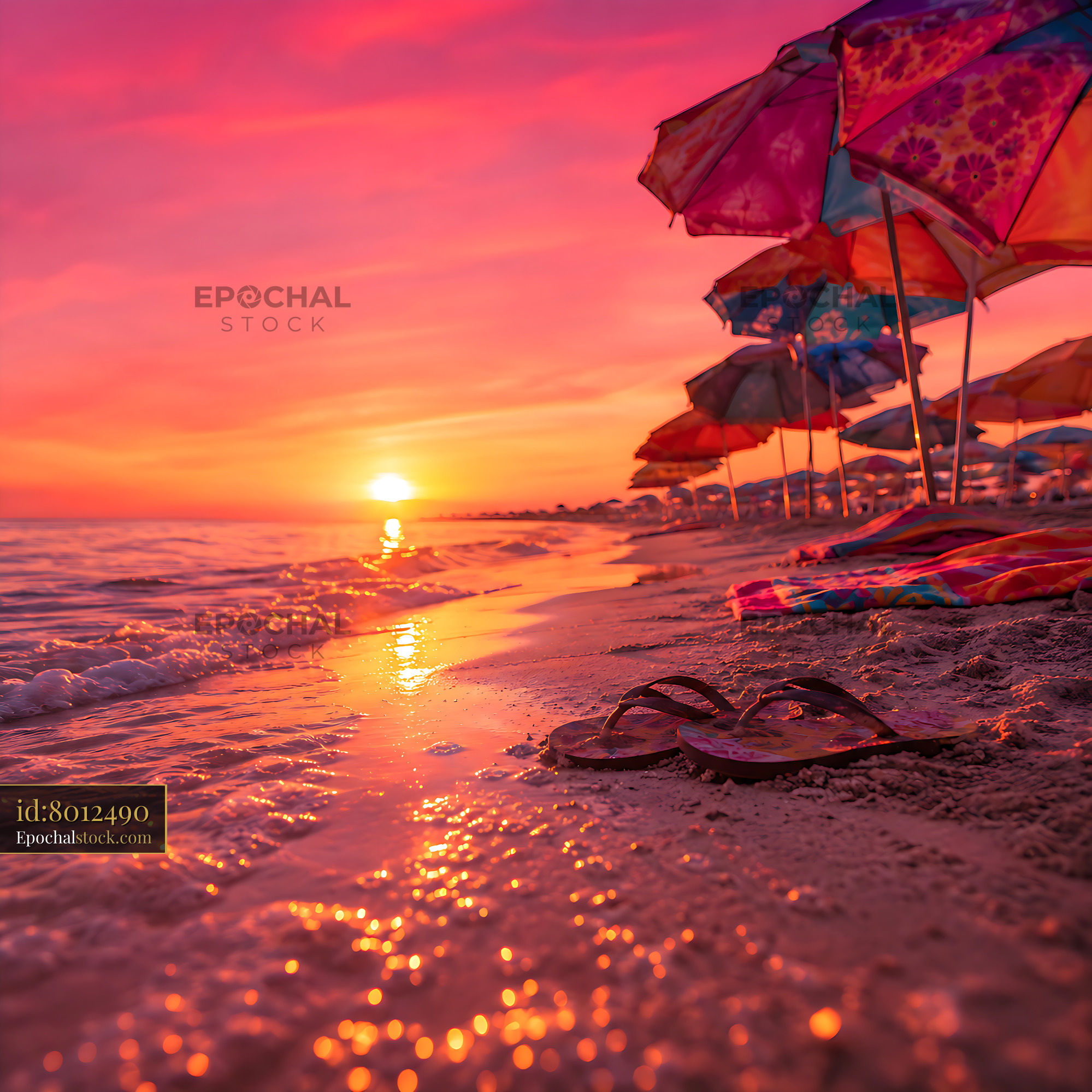 Watermarked full-resolution preview of Sunset over beach with umbrellas and flip-flops on sand