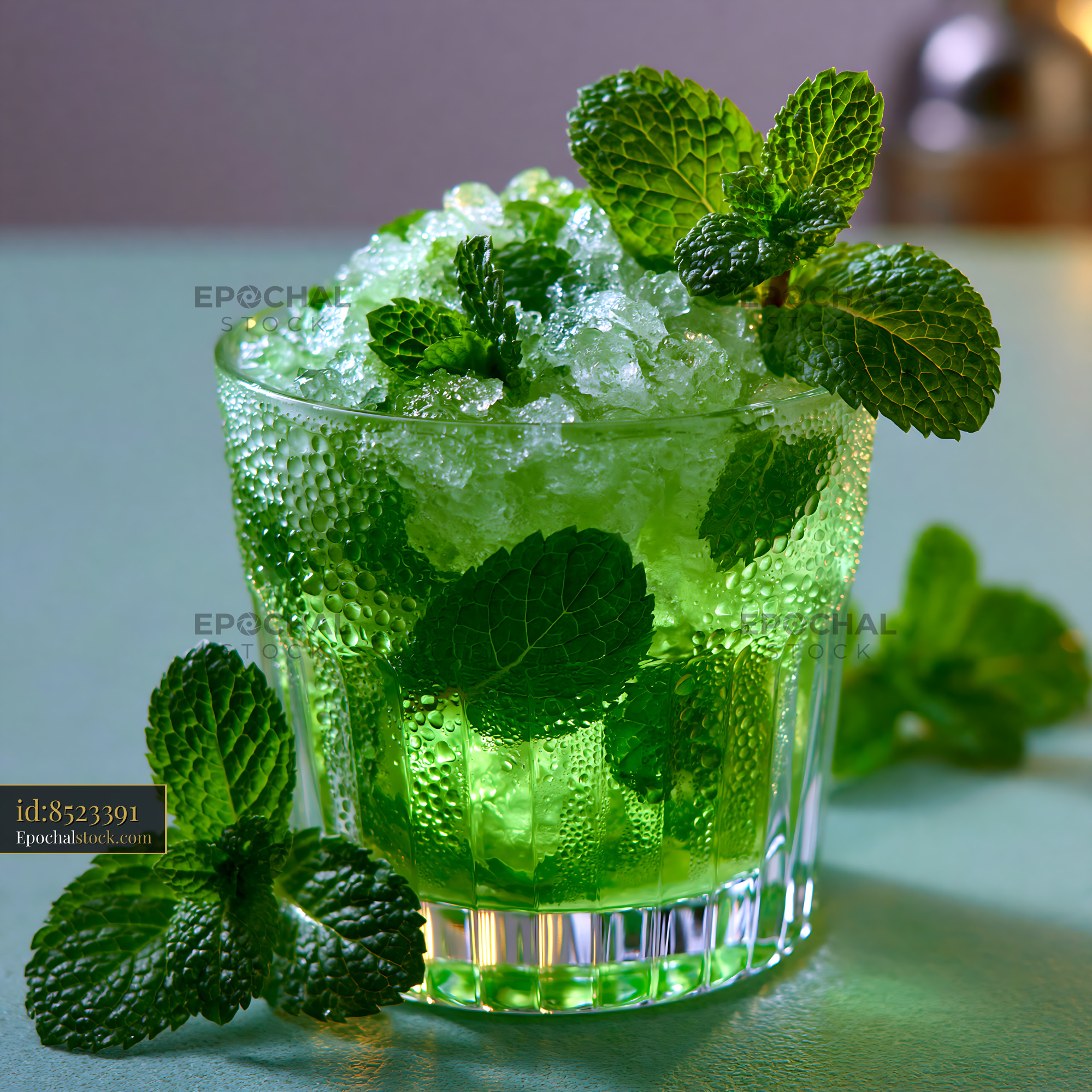 Watermarked full-resolution preview of Mint and lime cocktail served with ice and fresh mint leaves