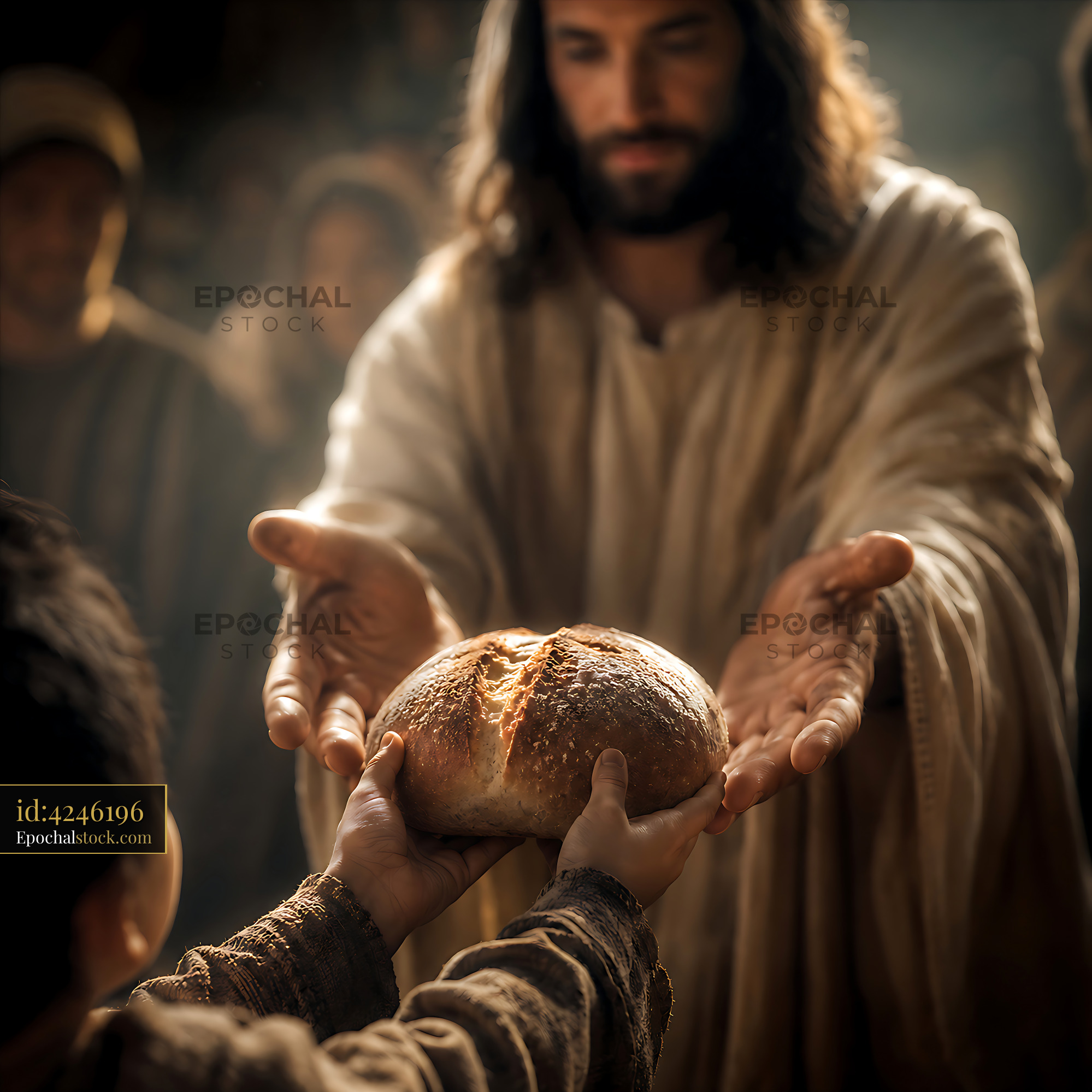 Watermarked full-resolution preview of Man giving bread to child in ancient setting