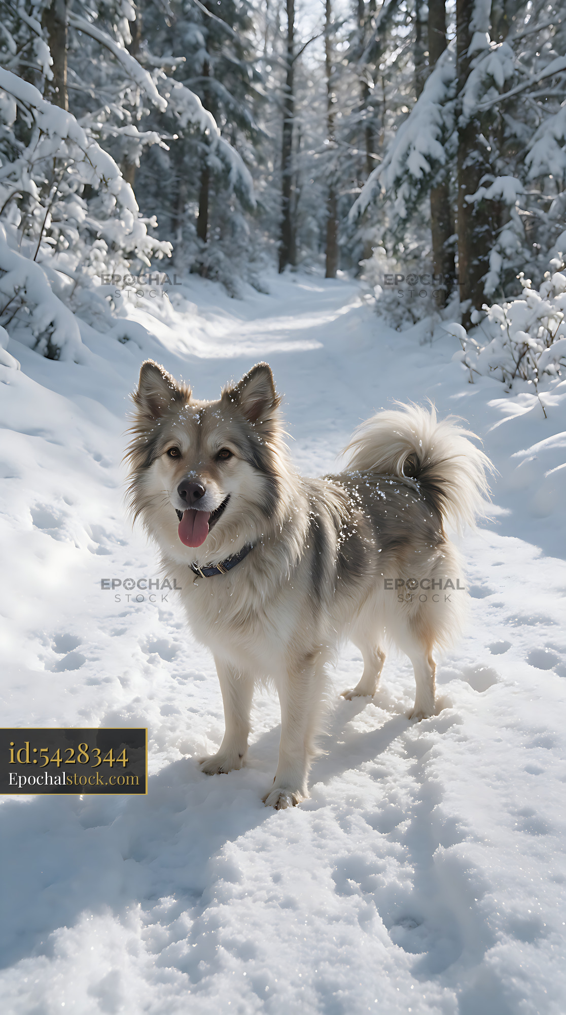 Watermarked full-resolution preview of Fluffy long-haired dog in a snowy woodland