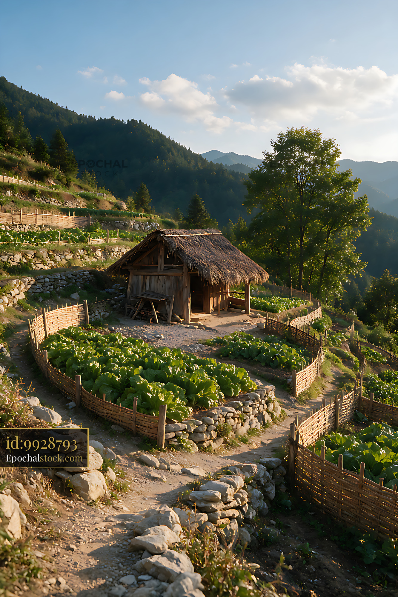 Watermarked full-resolution preview of Rustic thatched hut among mountain terraces