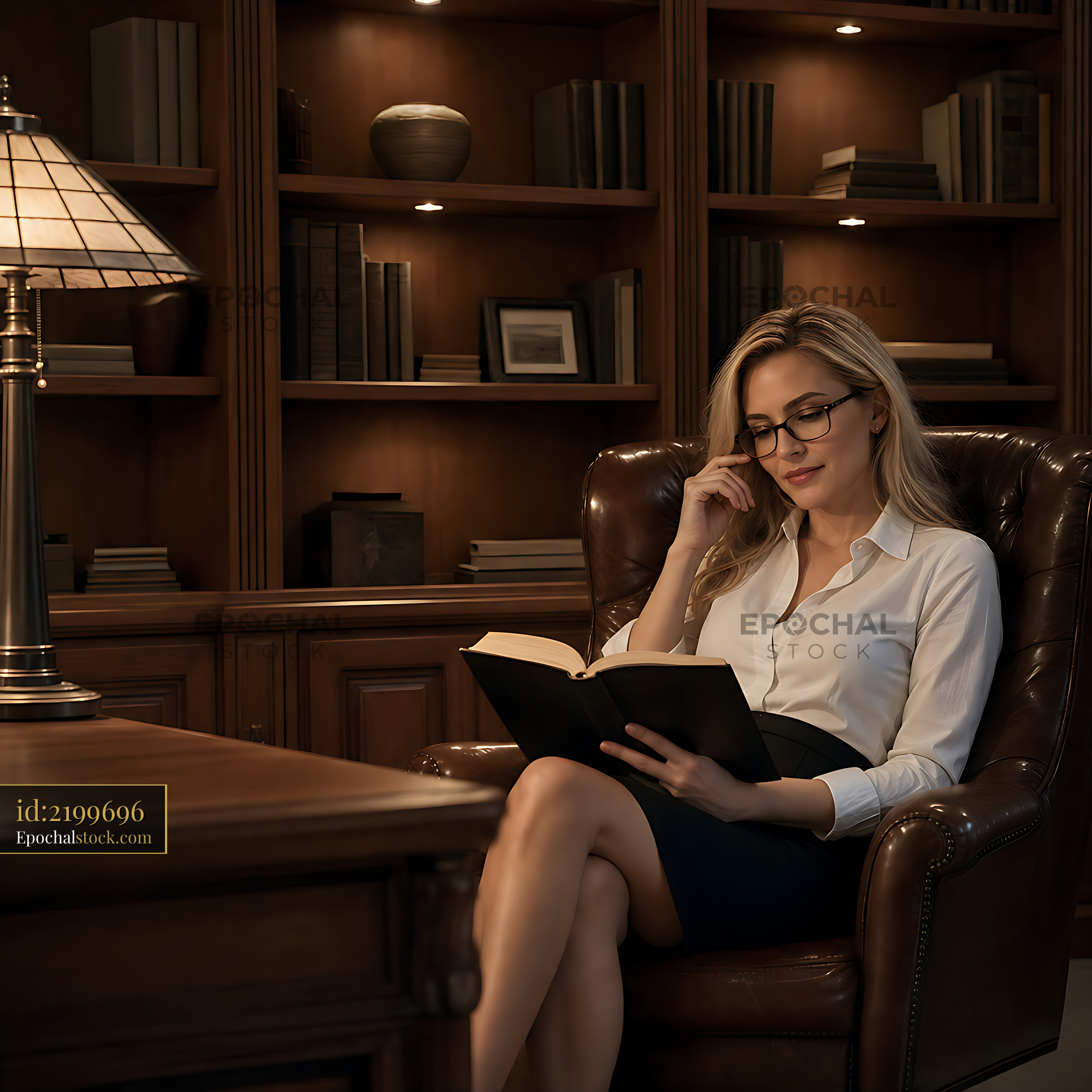 Watermarked full-resolution preview of Woman reading a book in a cozy library setting