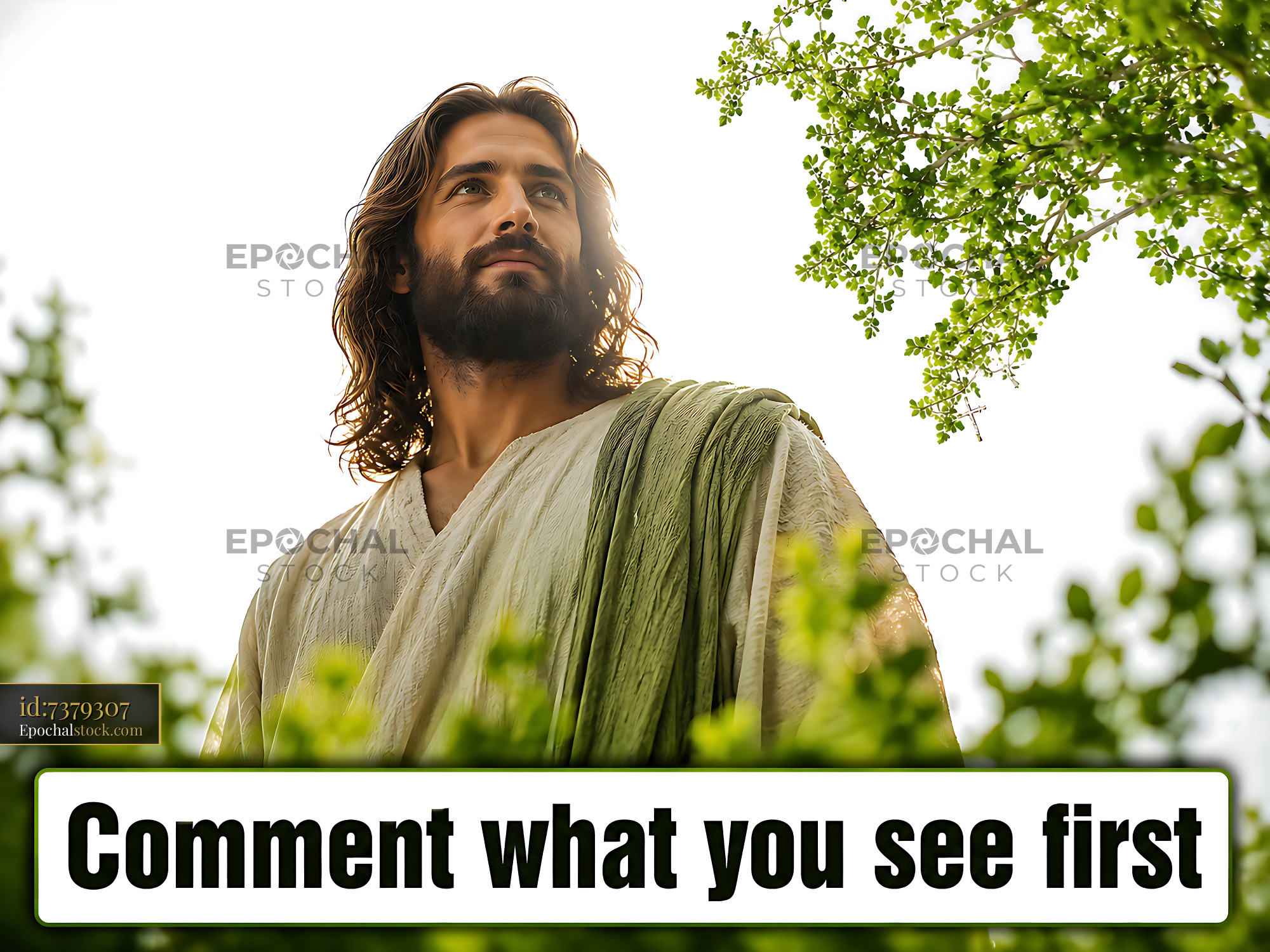 Man in a Light Robe Stands Among Green Leaves With Bright Light - stock photo