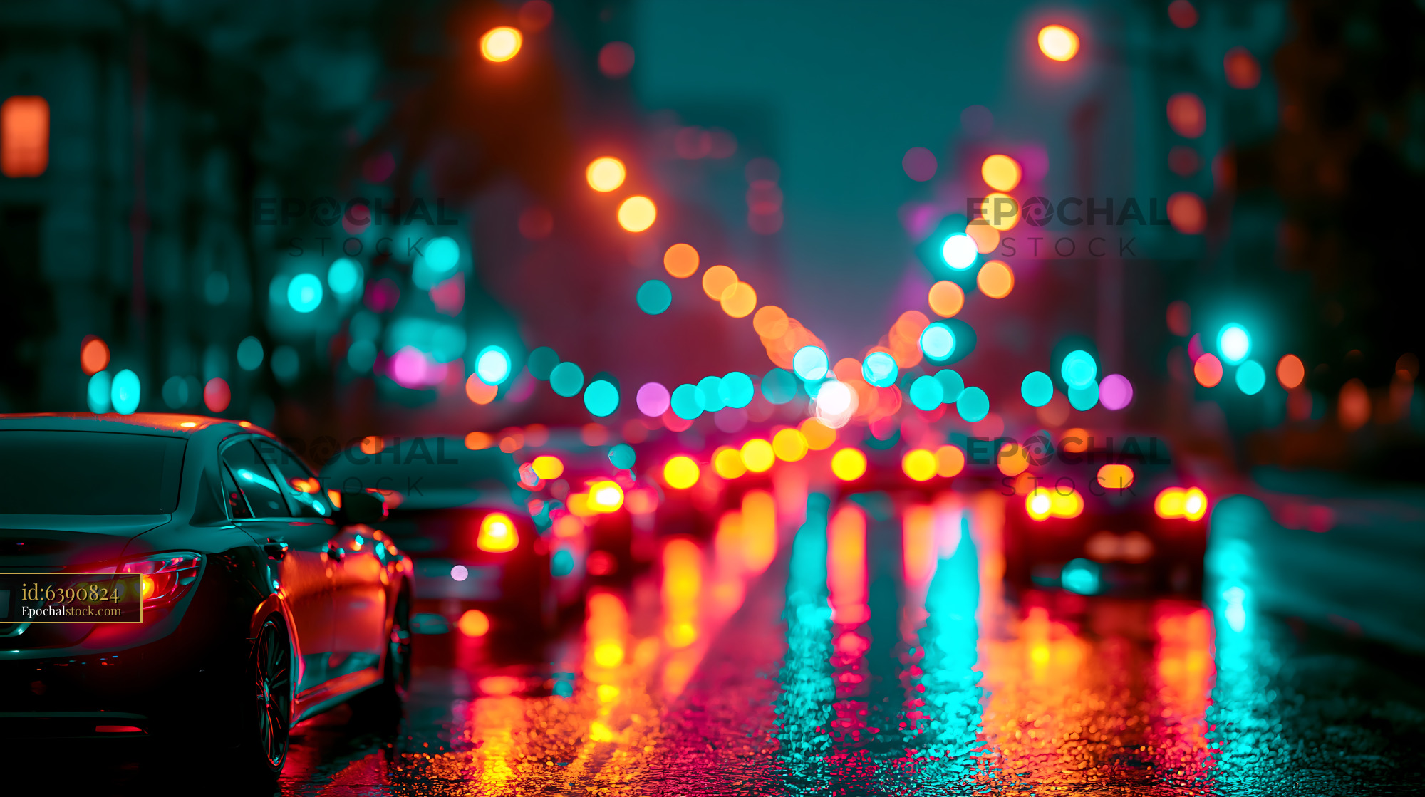 Watermarked full-resolution preview of Night city street with blurred car lights in the rain