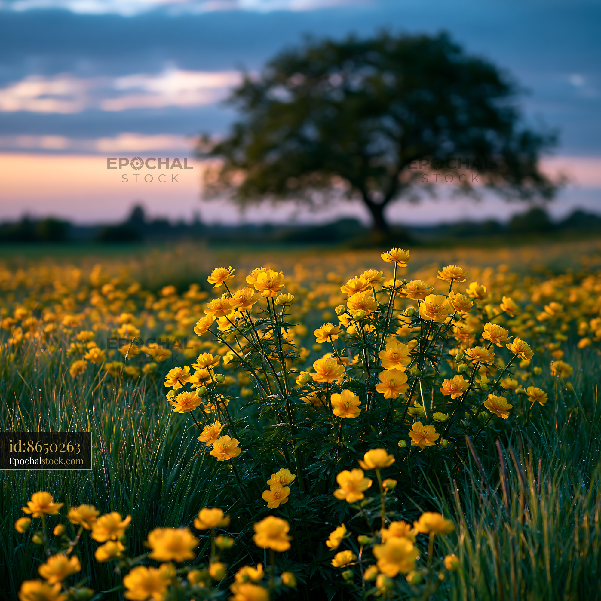 Watermarked full-resolution preview of Yellow flowers bloom in a field during sunset
