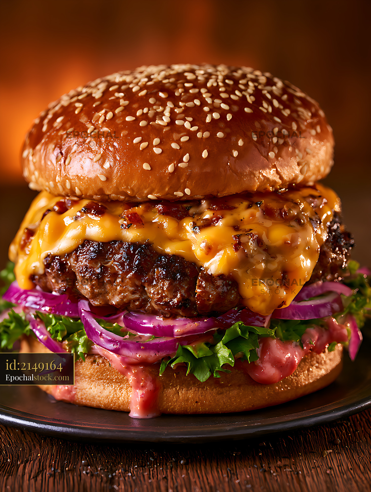 Watermarked full-resolution preview of Close-up cheeseburger with melted cheese and vegetables