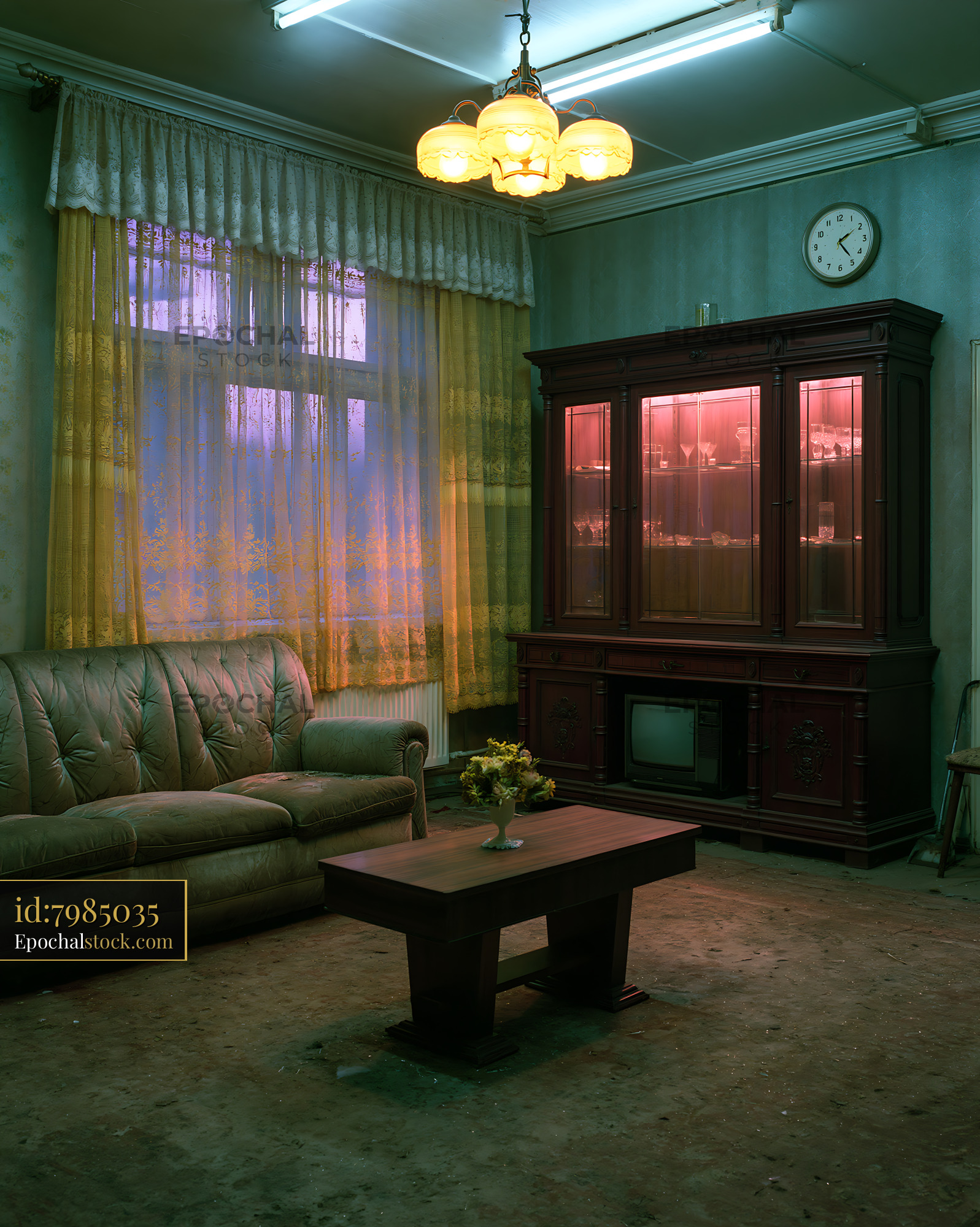 Watermarked full-resolution preview of Old living room with vintage furniture and dim lighting