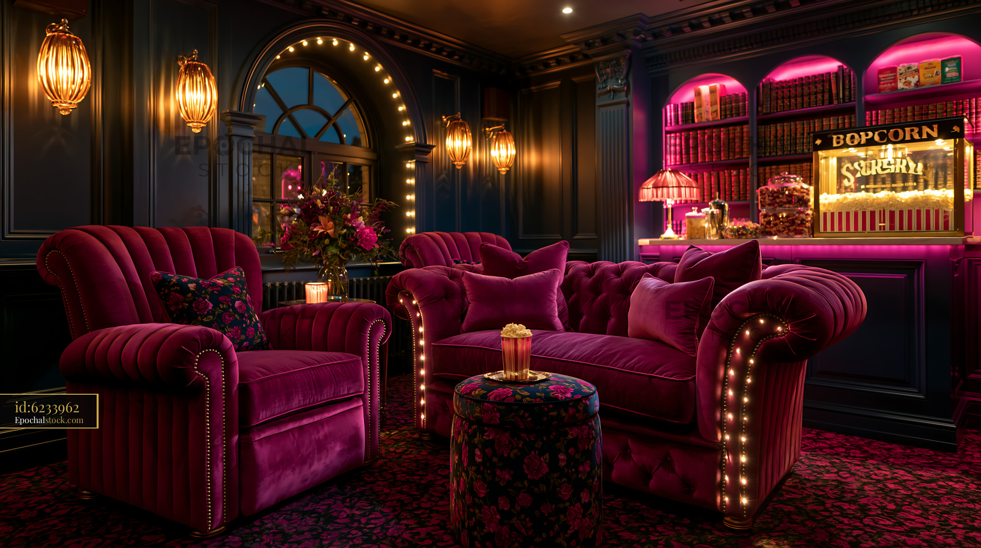 Watermarked full-resolution preview of Cozy lounge area with pink furniture and popcorn stand at night