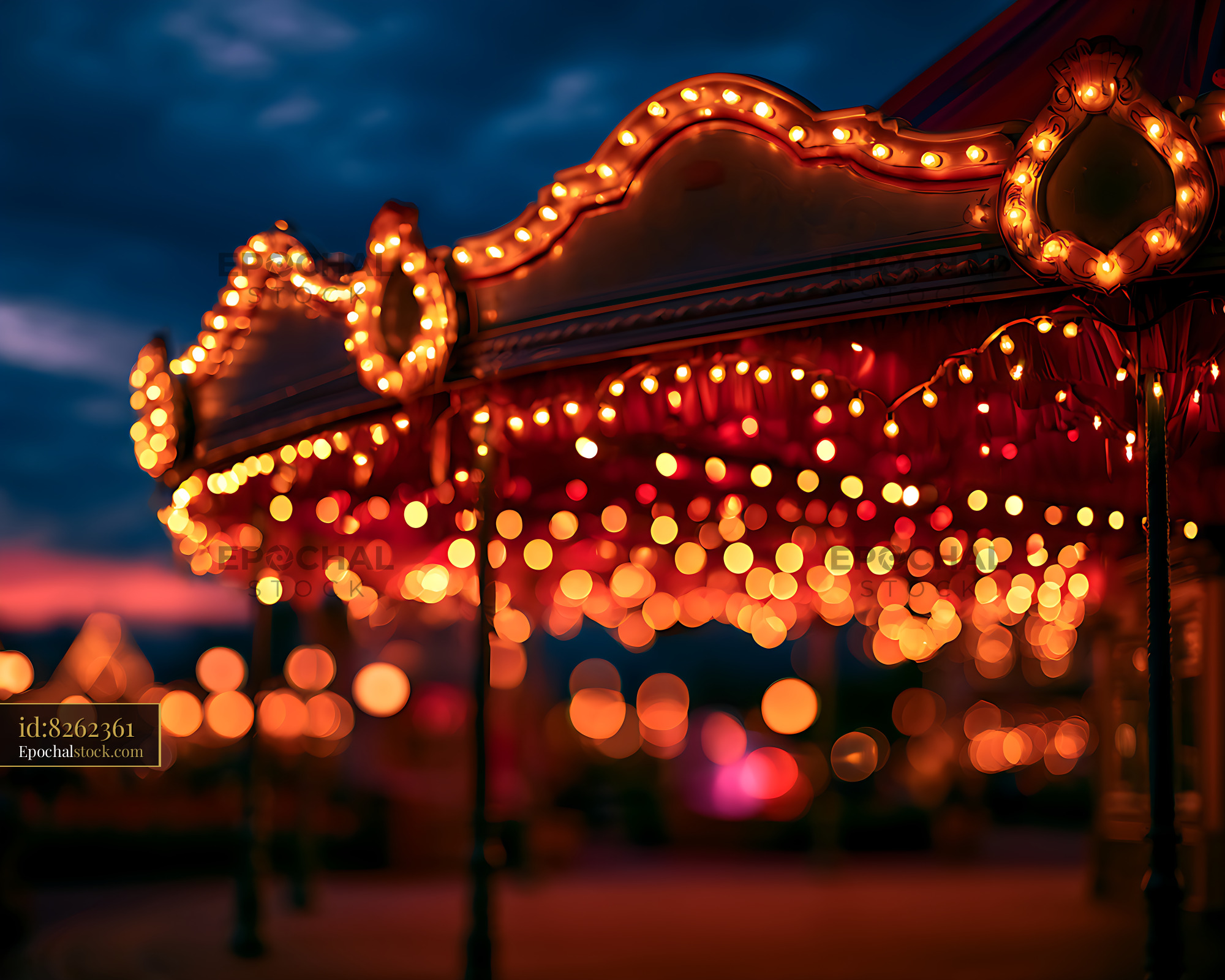 Watermarked full-resolution preview of Ornate illuminated carousel canopy with bokeh lights