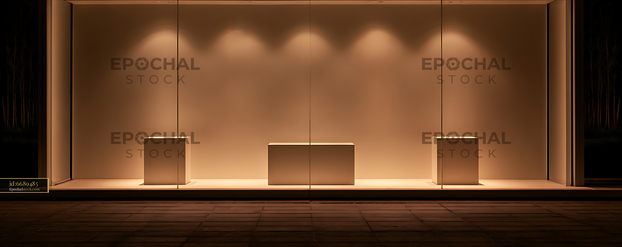 Watermarked full-resolution preview of Symmetrical Warm Interior Display with Three Geometric Pedestals
