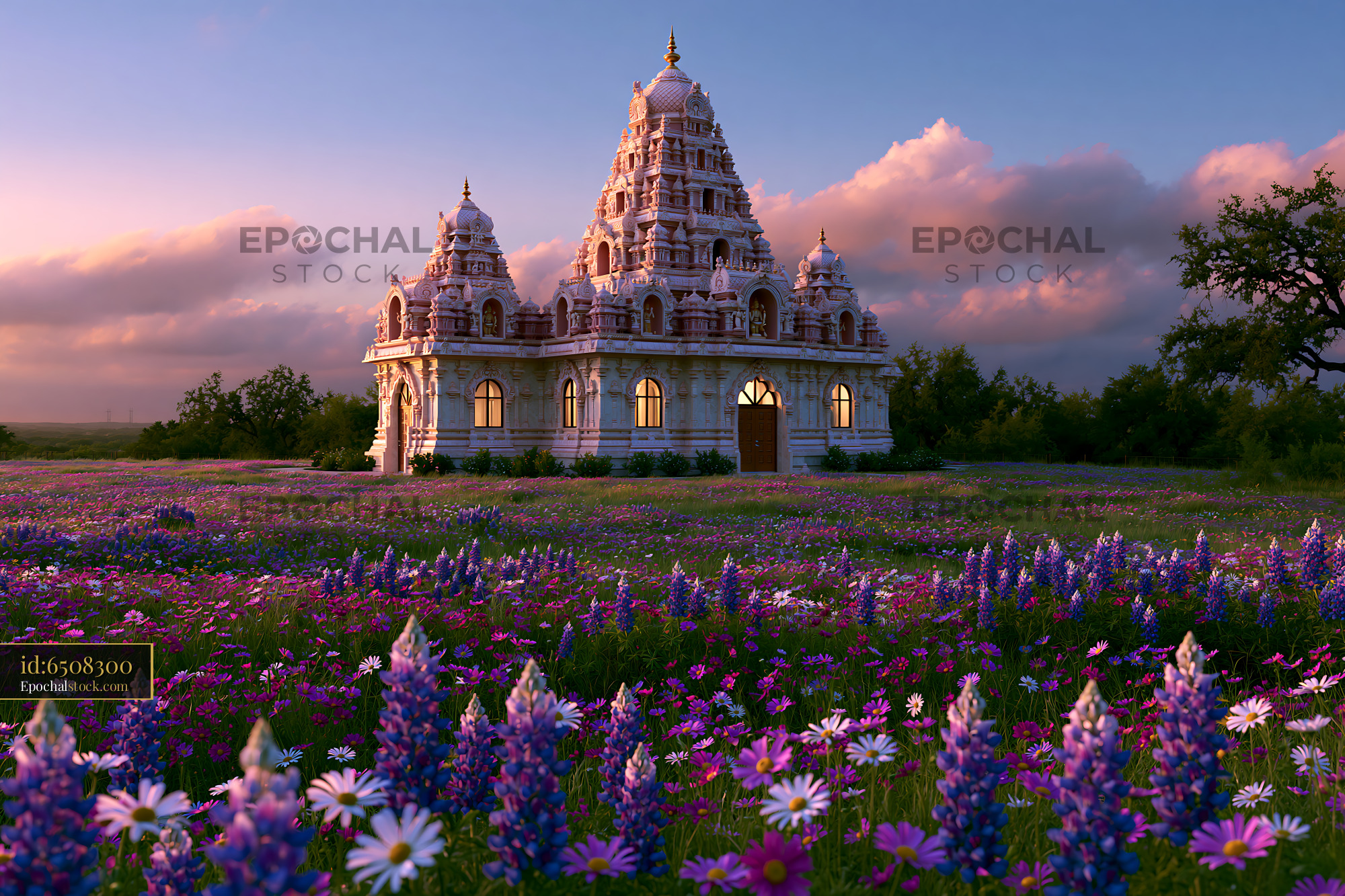 Watermarked full-resolution preview of Sunset over temple surrounded by colorful flowers in open field