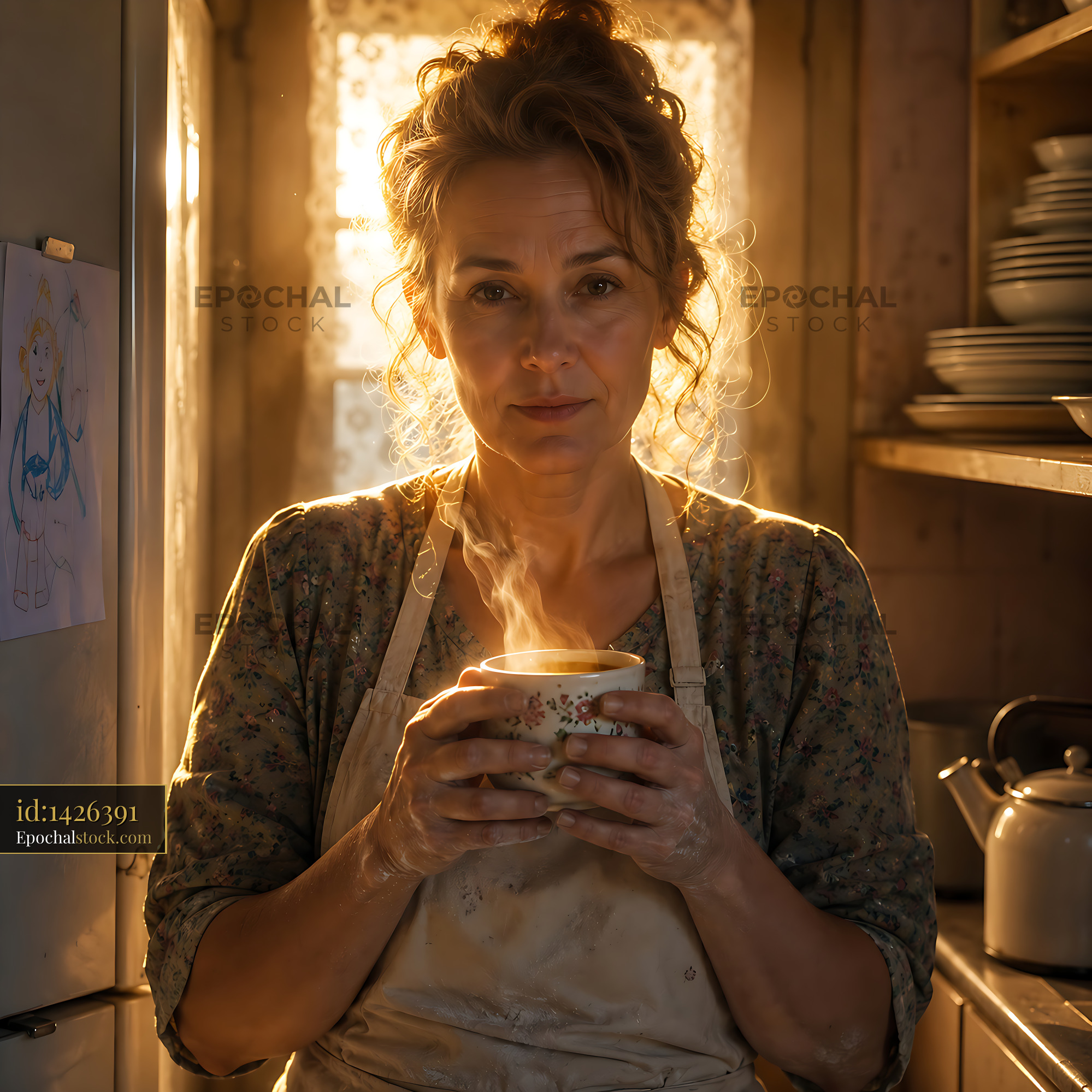 Watermarked full-resolution preview of Woman holding steaming cup in rustic kitchen