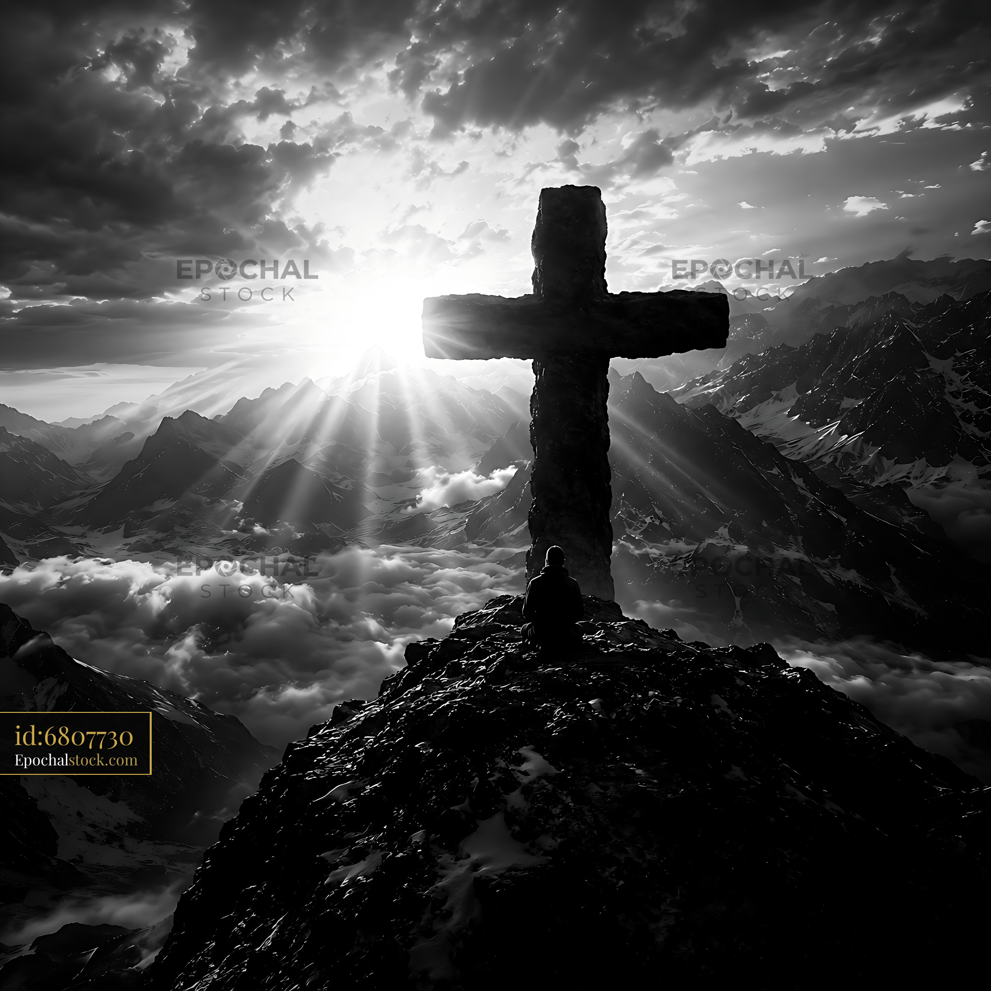 Watermarked full-resolution preview of Mountain cross at sunrise with person sitting nearby
