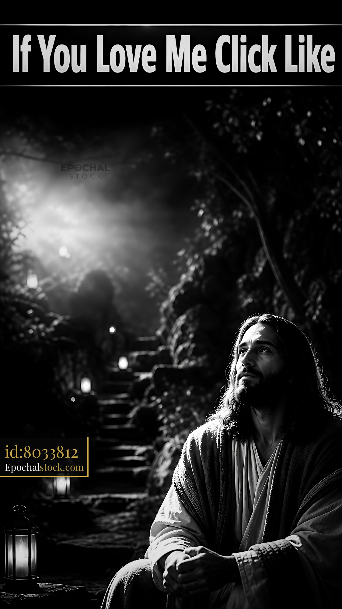 Watermarked full-resolution preview of Man sits in contemplation on a stairway with glowing lanterns