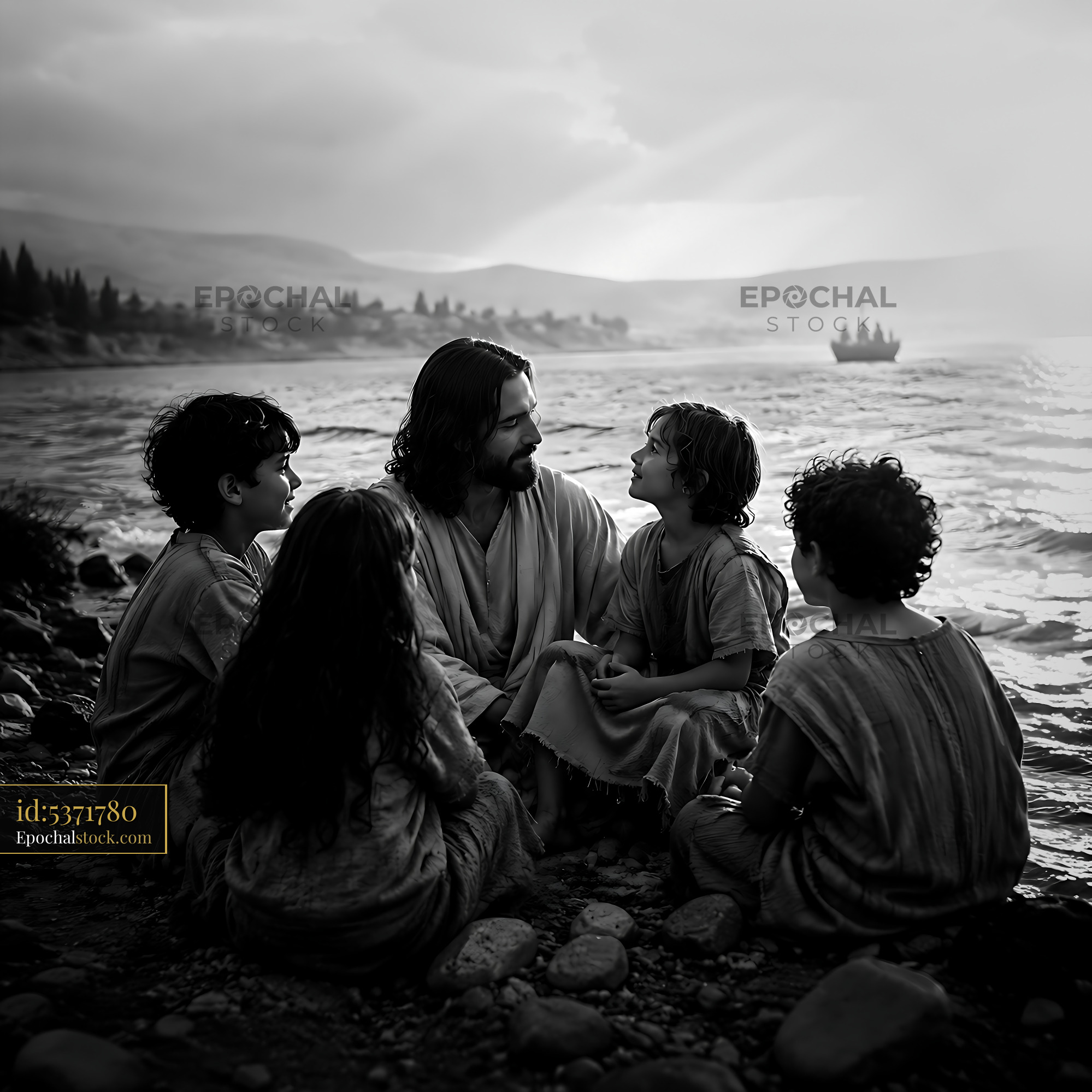 Watermarked full-resolution preview of Man telling stories to children by the water