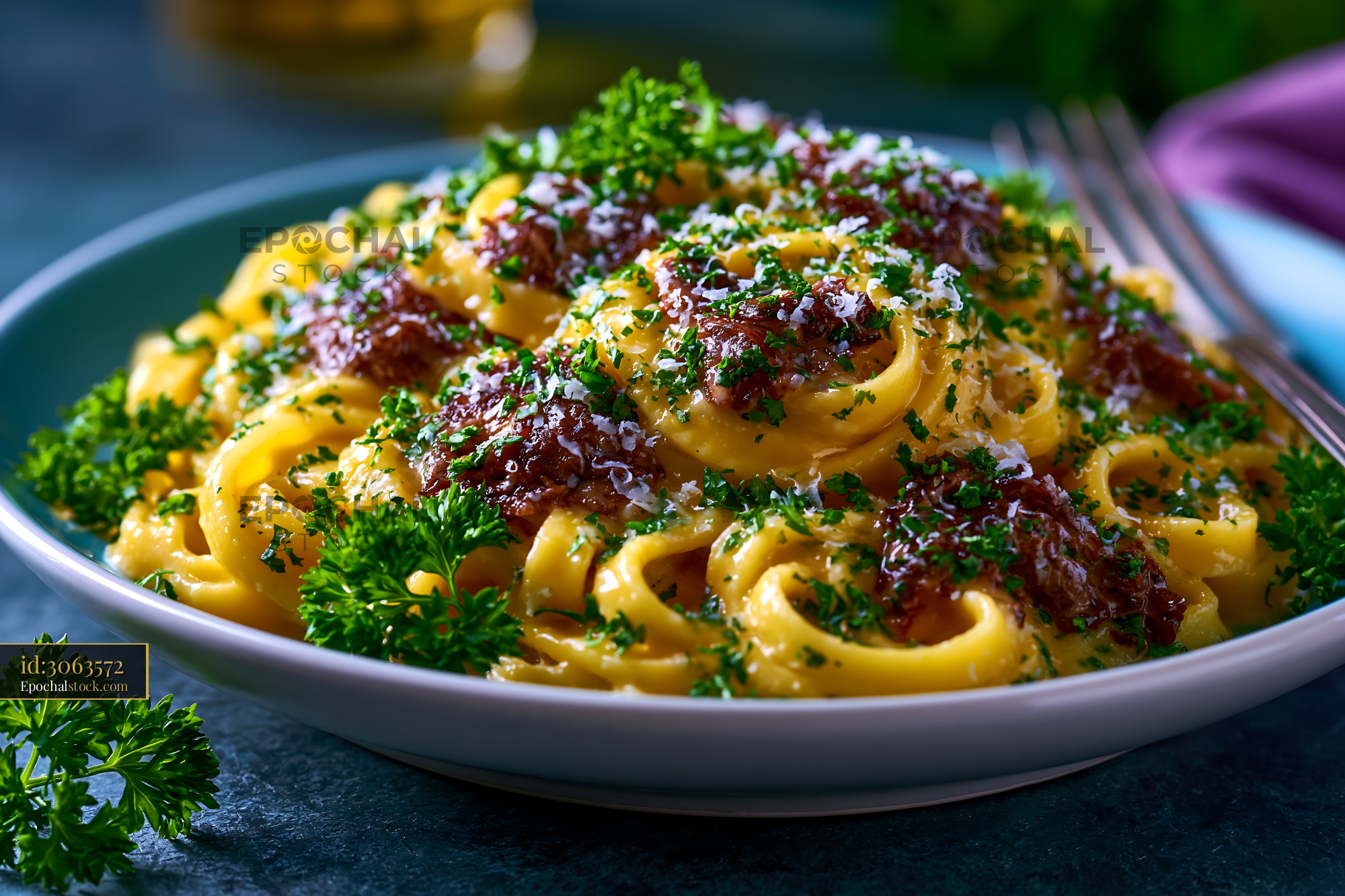 Watermarked full-resolution preview of Pasta dish with parsley and cheese on a blue plate