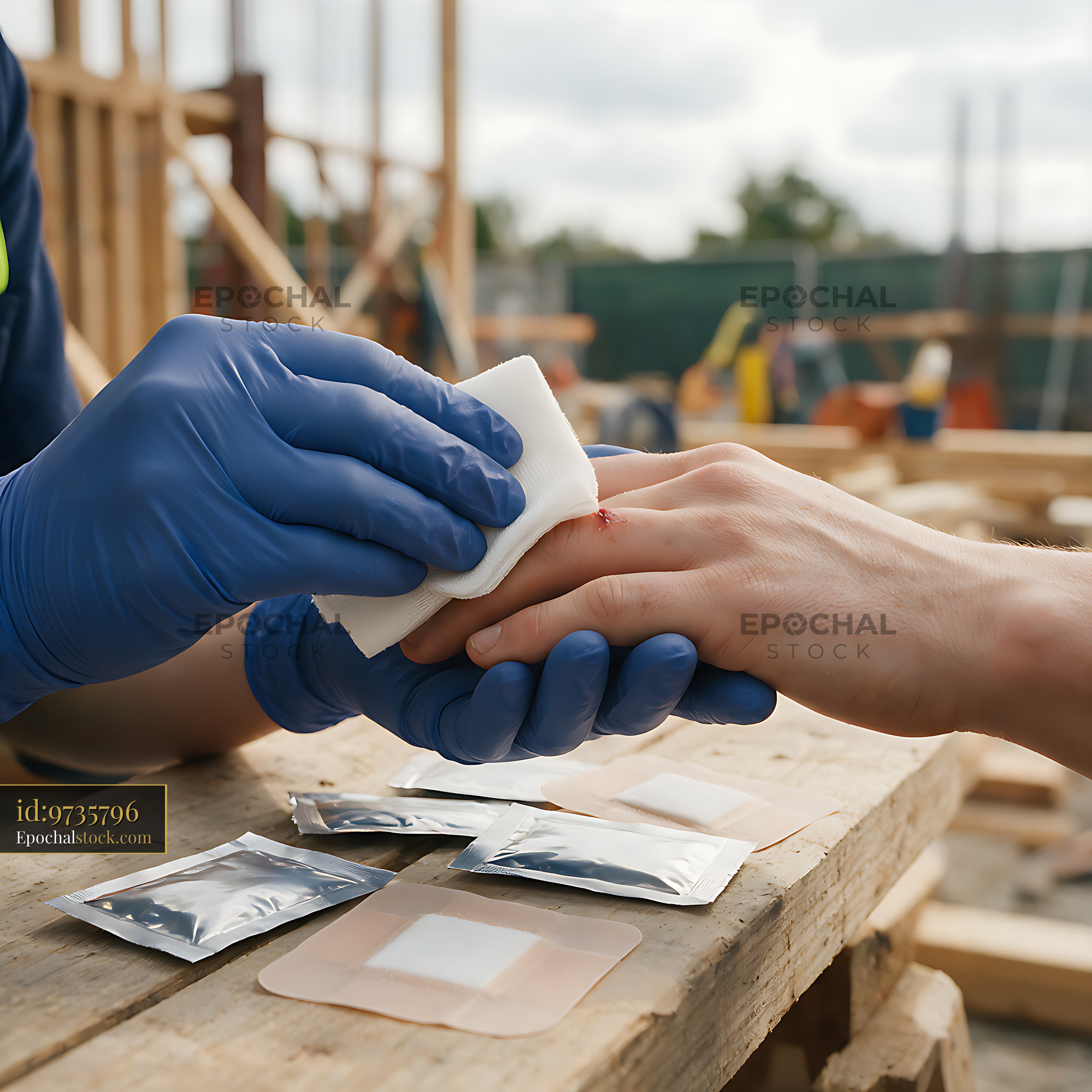 Watermarked full-resolution preview of Gloved hands treating a workplace hand injury