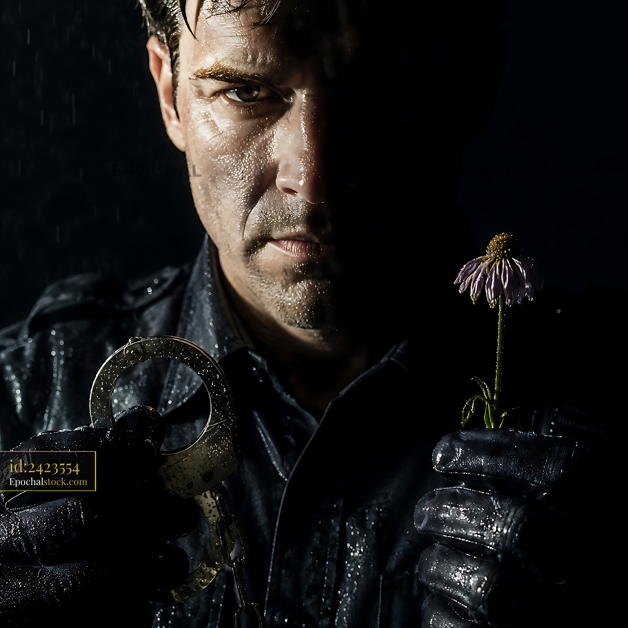 Watermarked full-resolution preview of Man holding handcuffs and a flower in dark environment