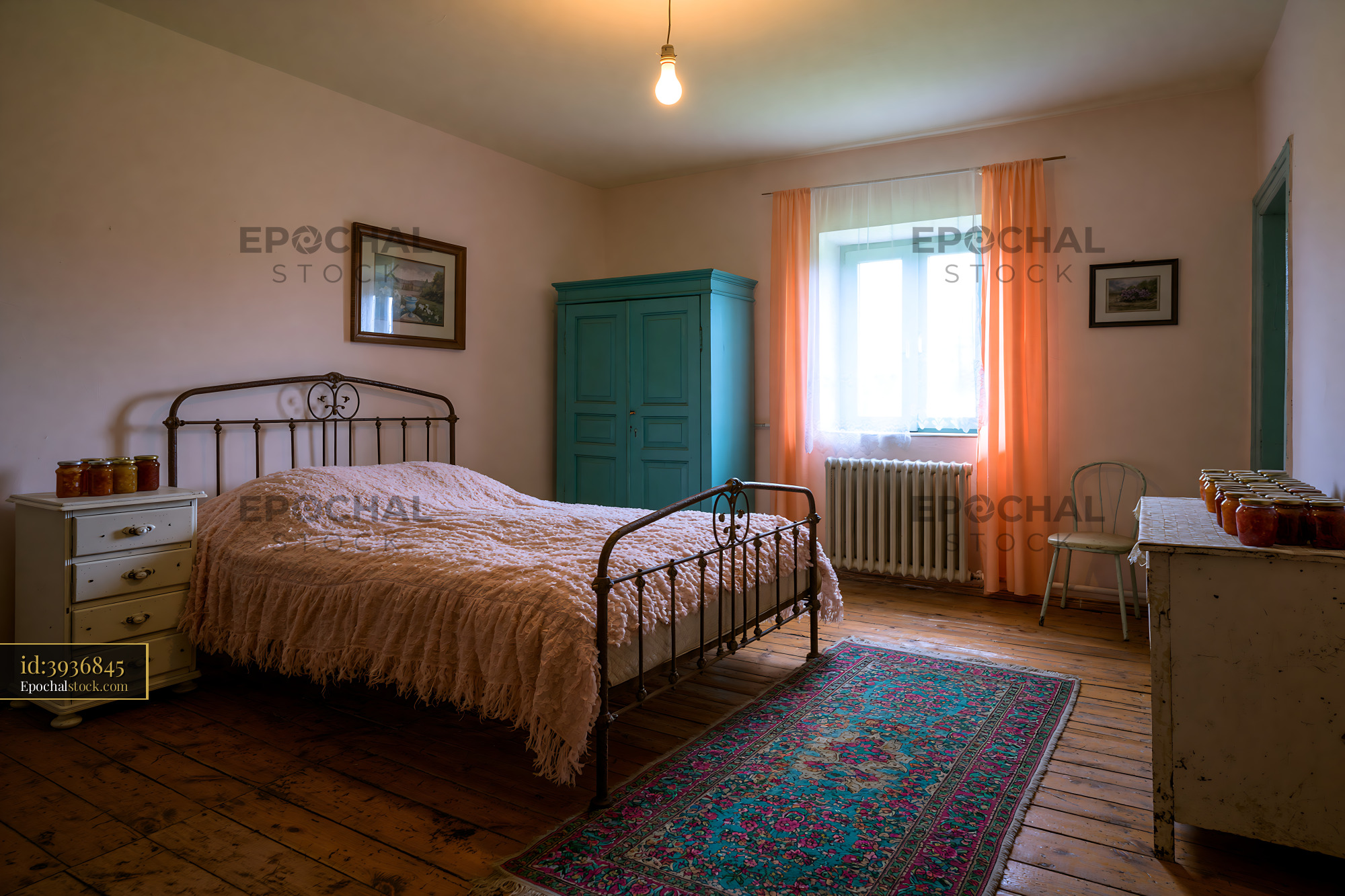 Watermarked full-resolution preview of Cozy bedroom with vintage furniture and warm lighting