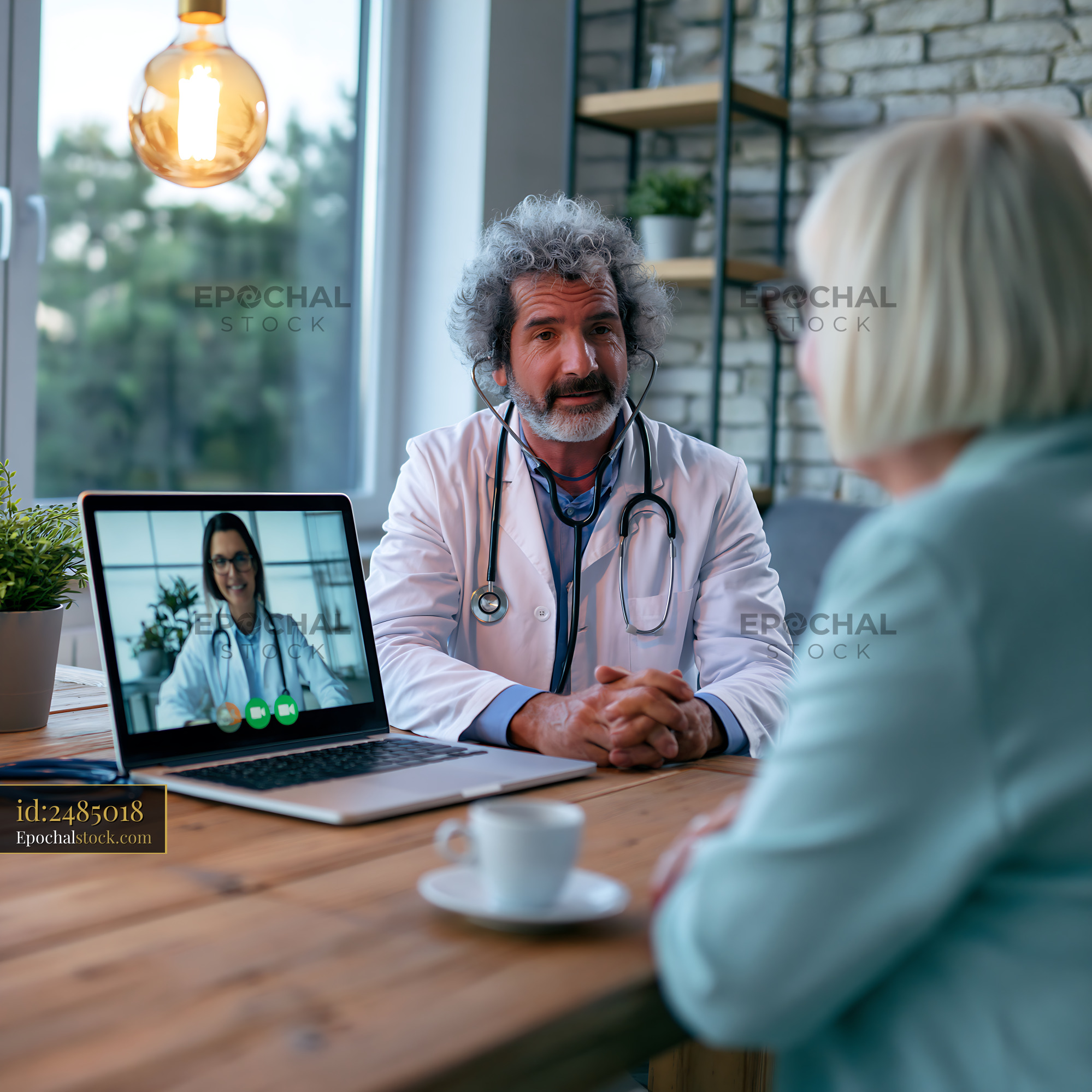 Watermarked full-resolution preview of Doctor consulting with patient via video call