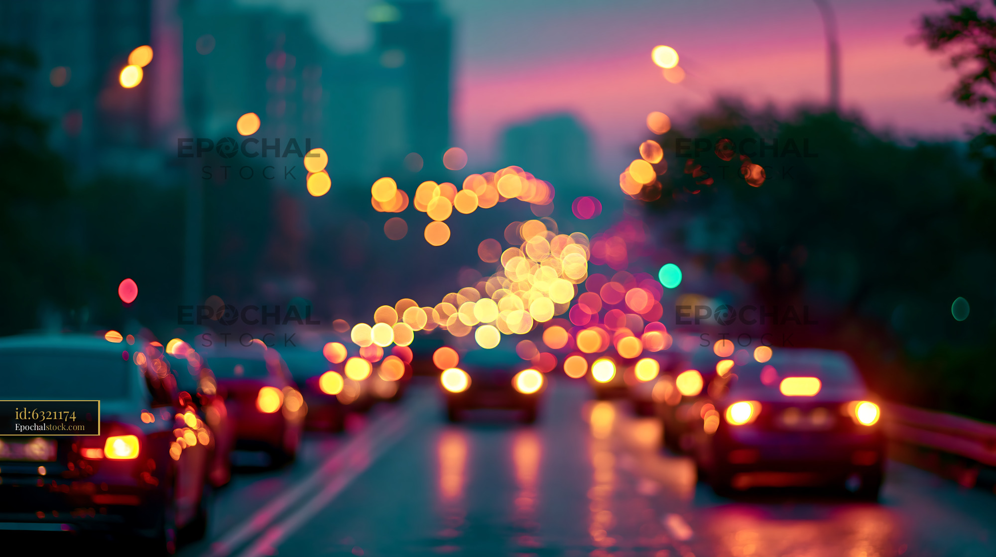 Watermarked full-resolution preview of City traffic at dusk with blurred lights and vehicles