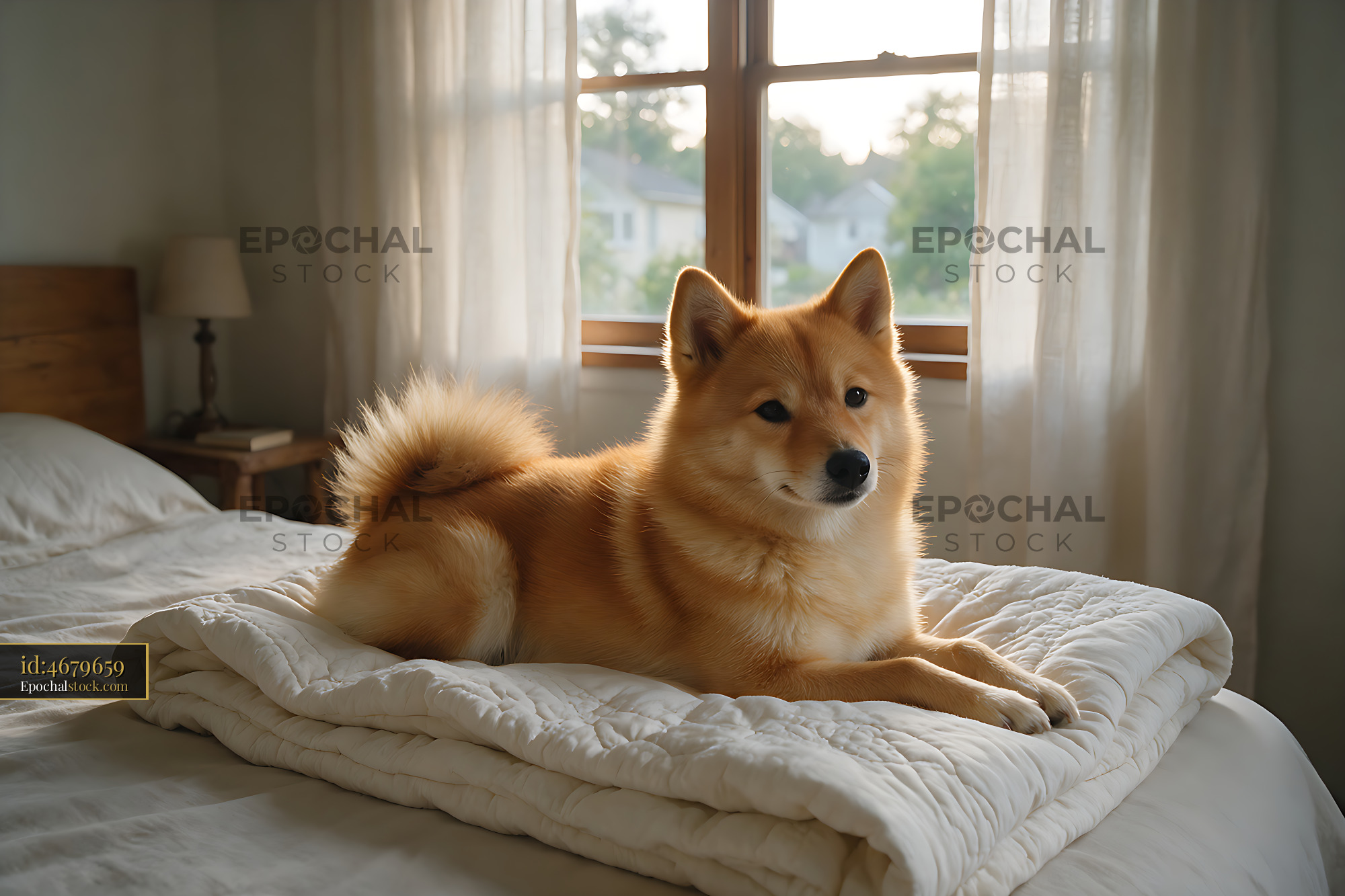 Watermarked full-resolution preview of Tan dog relaxing on a quilted bed at home