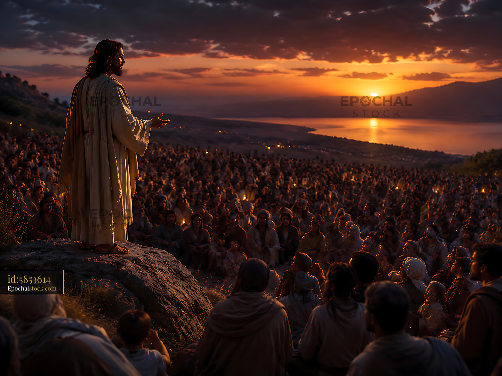 Watermarked full-resolution preview of Crowd listening to a figure at sunset near a body of water