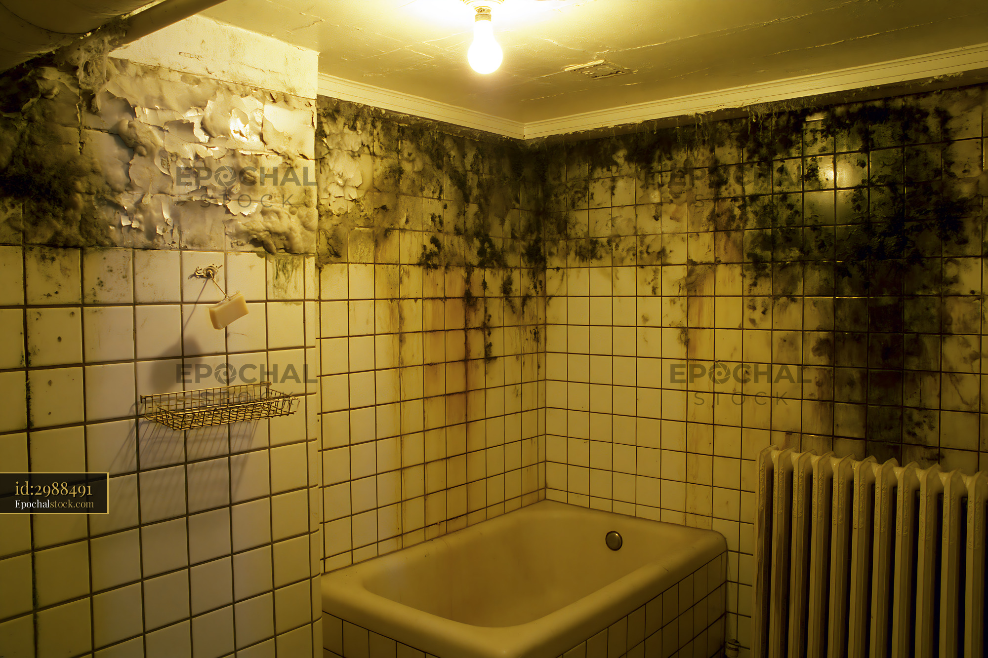 Watermarked full-resolution preview of Moldy bathroom with damaged walls and dirty tiles