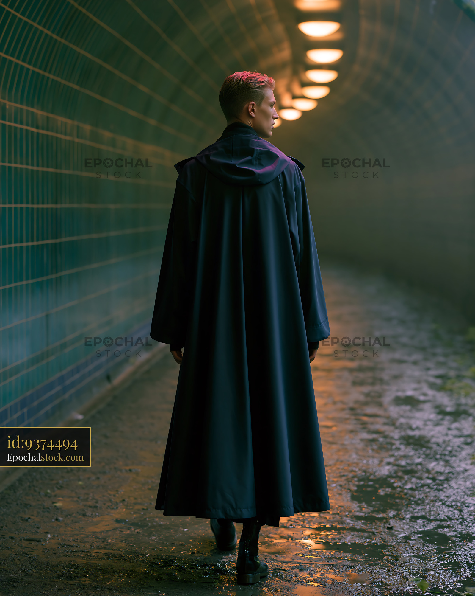 Watermarked full-resolution preview of Person walking in a dark tunnel wearing a long cloak