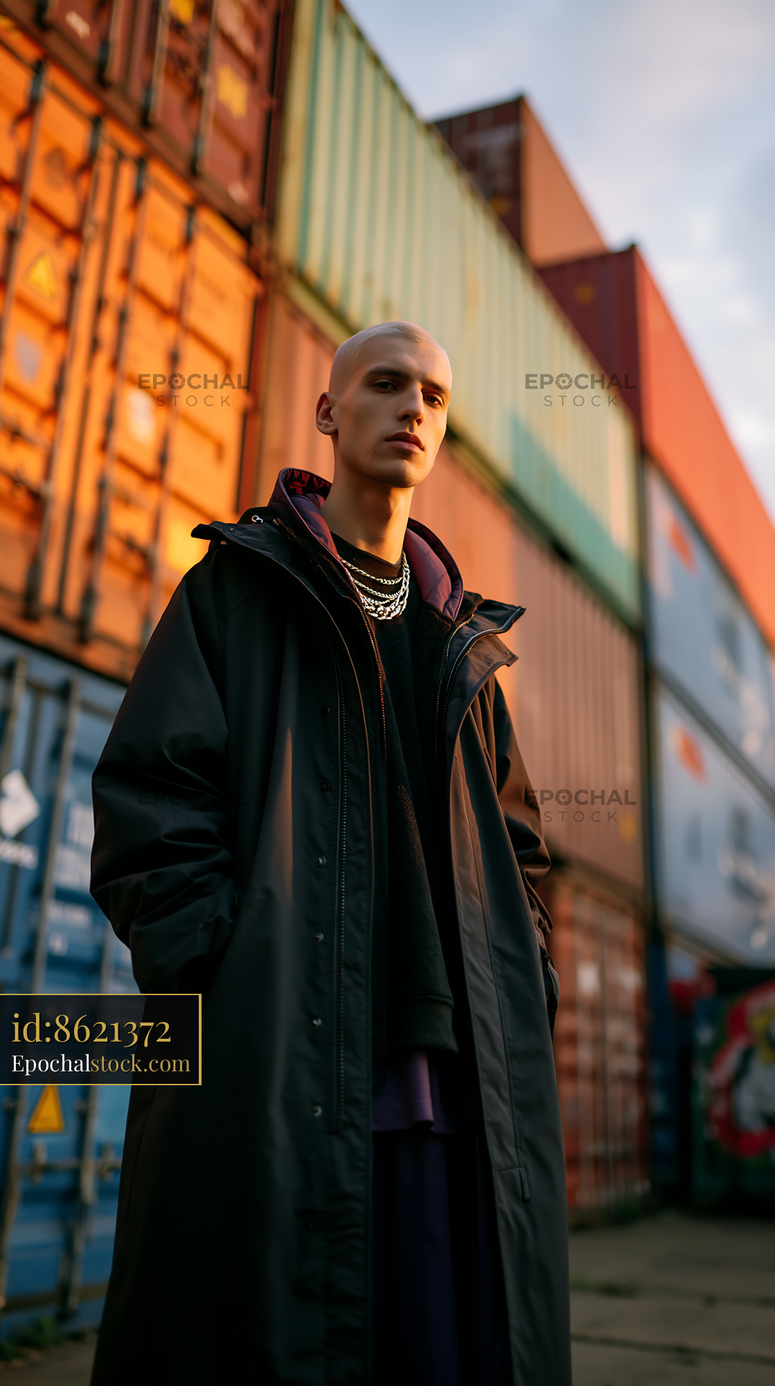 Watermarked full-resolution preview of Model stands in urban area with shipping containers during sunset