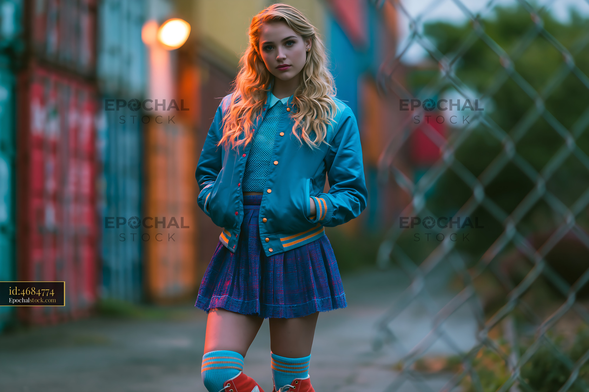 Watermarked full-resolution preview of Colorful portrait of a woman outdoors near a fence