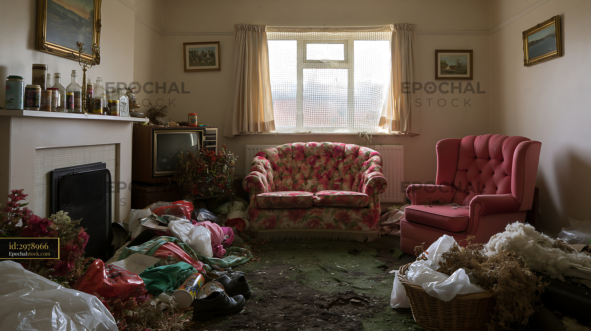 Watermarked full-resolution preview of Cluttered living room with worn furniture and scattered items