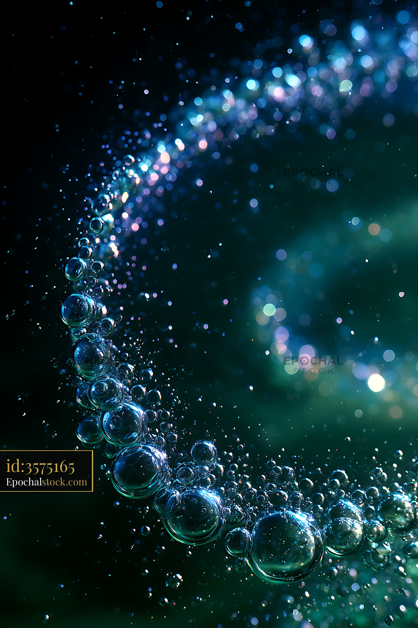 Watermarked full-resolution preview of Colorful bubbles rising in dark water