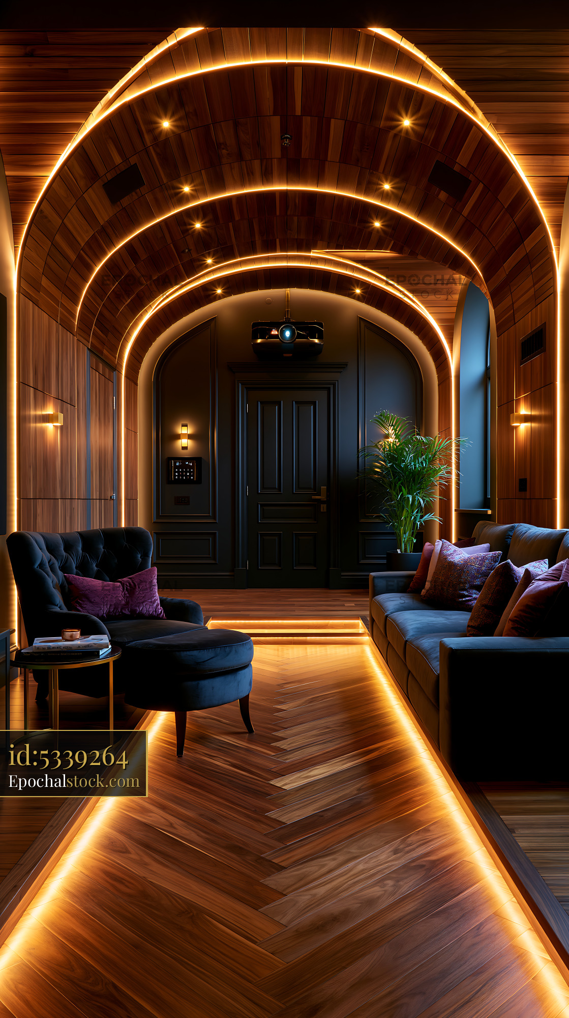 Watermarked full-resolution preview of Modern living room with mood lighting and wooden accents