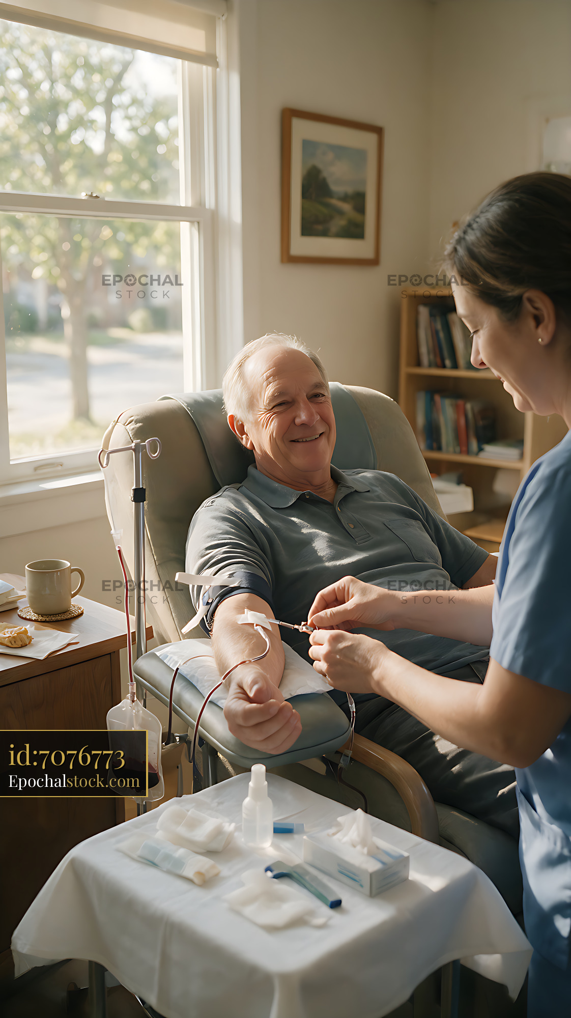 Watermarked full-resolution preview of Blood donation with donor reclining in a chair