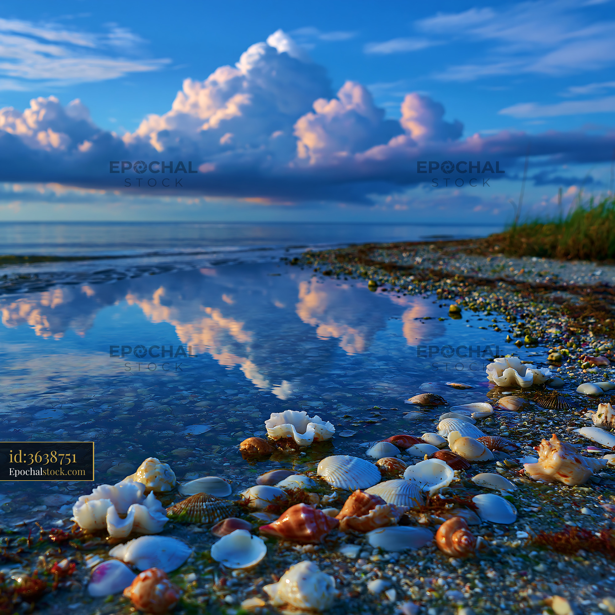 Watermarked full-resolution preview of Shells on the shore with reflections in the water at sunset