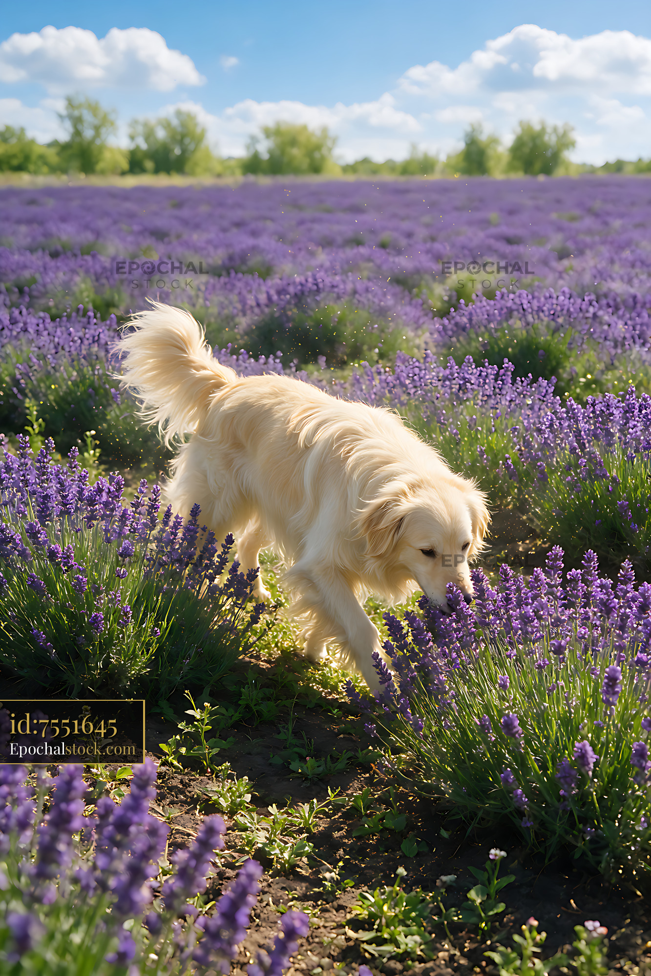 Watermarked full-resolution preview of Cream-colored long-haired dog in a blooming purple meadow
