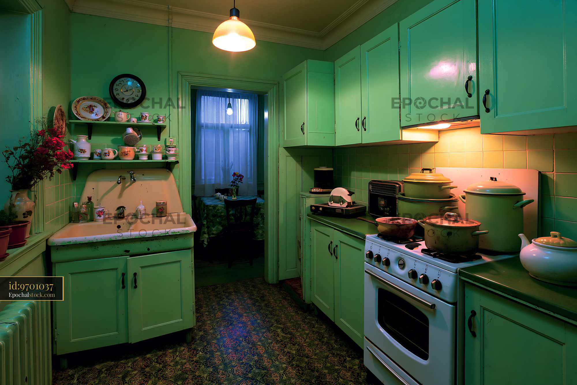 Watermarked full-resolution preview of Old-fashioned kitchen with green cabinets and vintage decor